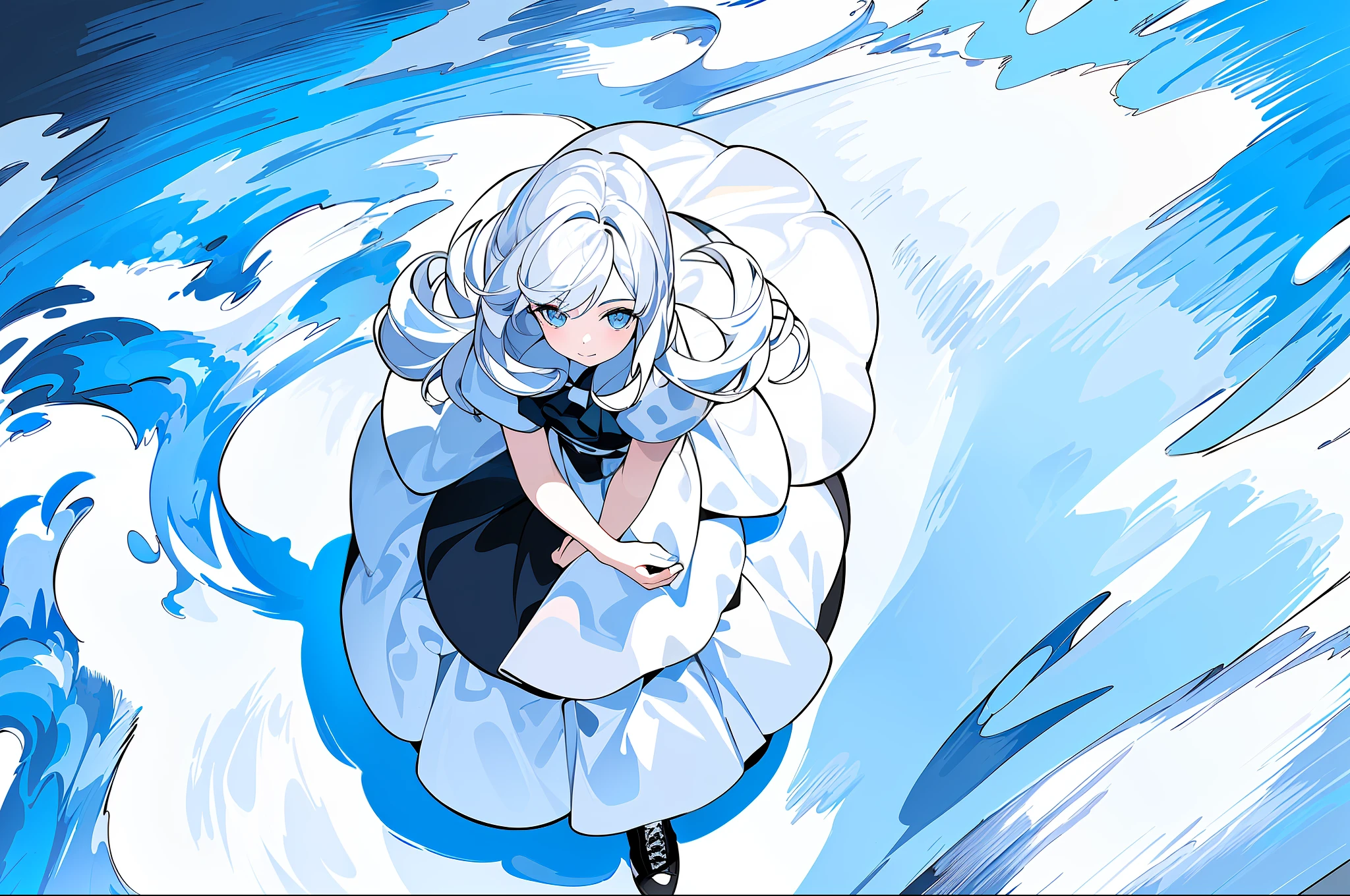 masterpiece,(best quality),(1girl) ,solo,(high contrast:1.2),(high saturation:1.2), ((hands on the pocket)),((black and white sdress)),looking at viewer,((white and light blue theme:1.3)),((white and light blue background:1.5)),white hair,blue eyes,((walking:1.3)),full body,black footwear,((the light blue water on sky and white cloud and day)),((from above:1.2)),Ink painting