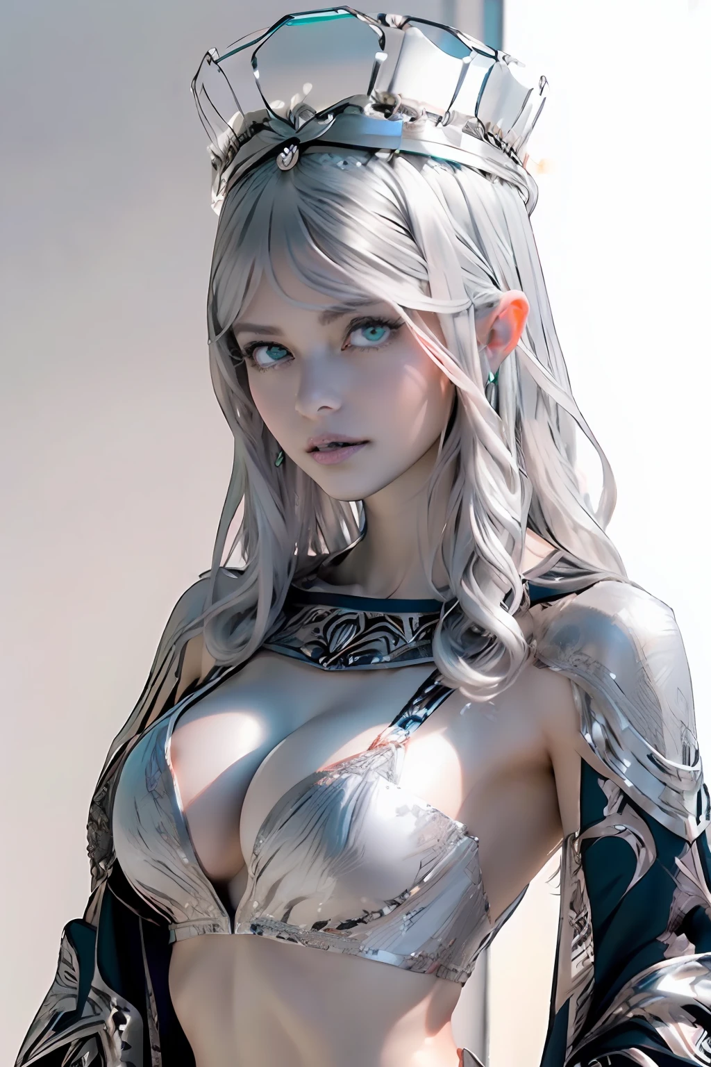 Ultra-detailed complex 3D rendering of the face, (masterpiece, top quality, octane rendering,), glamour shots full body image, very beautiful young elves, cleavage, (highly detailed skin: 1.2), (exposure: 1.1), ((blue micro bikini: 1.95)))). , 8k, (((very soft breasts)), (((conspicuous large pink areola)), beautiful Caucasian woman with white skin with full soft breasts with big buttocks, one, long braided hair, big breasts, dynamic angles, (((huge breasts: 2.4)), ultra-realistic photos, ((((((silver hair)))), futuristic urban background, facial muscles, (((((detailed and glamorous silver crown)))), In the style of Marvel Comics, ArtStation Trends, Clear Focus, Intricate Details, Very Detailed, Detailed Green Eyes, Sharp Focus, Digital Rendering, Professional, Abs, Lip Gloss, Glossy Skin, Sexy Pose, Golden Tattoo All Over Body, Silver Pattern All Over Body, Silver Lame Skin, Gold Glitter Skin, Mansuji, Buttocks, Jeweled All Over the Body, with silver scales, silver hair,