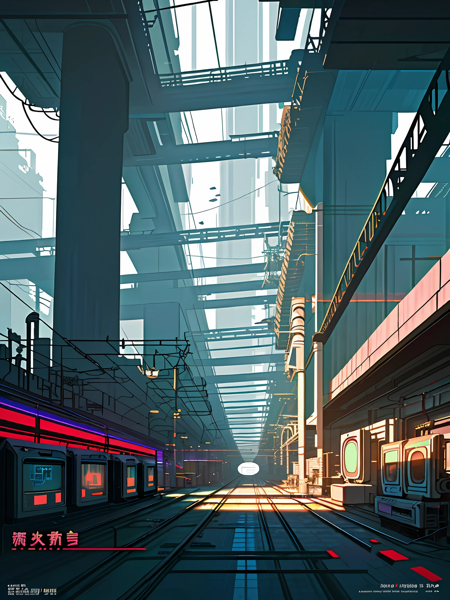 (Cyberpunk landscape), (Zen, Amy Sol style), (underground, abandoned computer factory, wetware factory, cyberpunk interface, fractal OS, footbridges, elevated trains, cables, conduits, powerlines, construction towers, tunnels), cover art with light abstraction, abstract, simple vector art, contemporary Cyberpunk art, color gradients, soft color palettes, layered forms, whimsical animation, style Ethereal abstract, 4K, --v6
