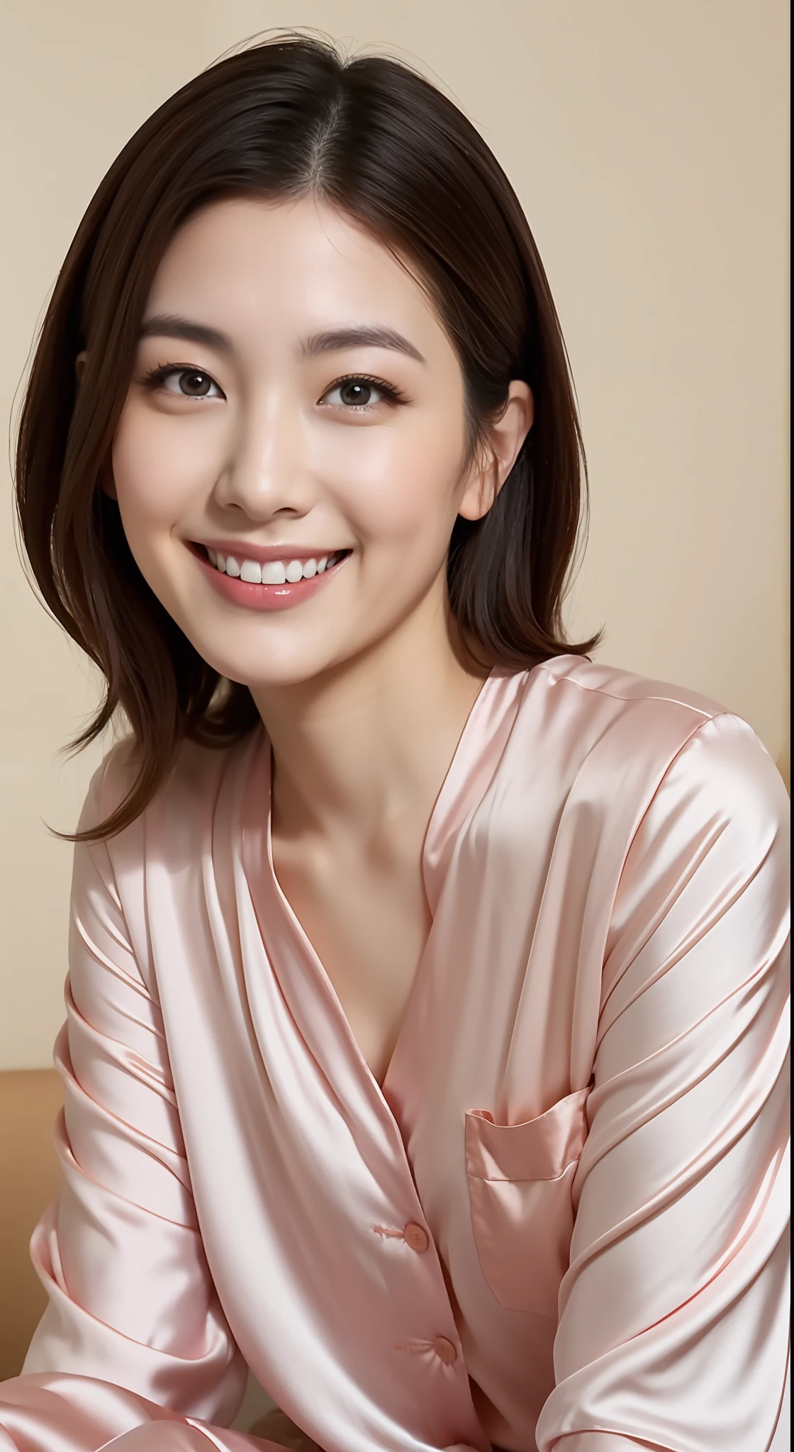 Japanese woman in silk pink pajamas sitting on bed smiling,
