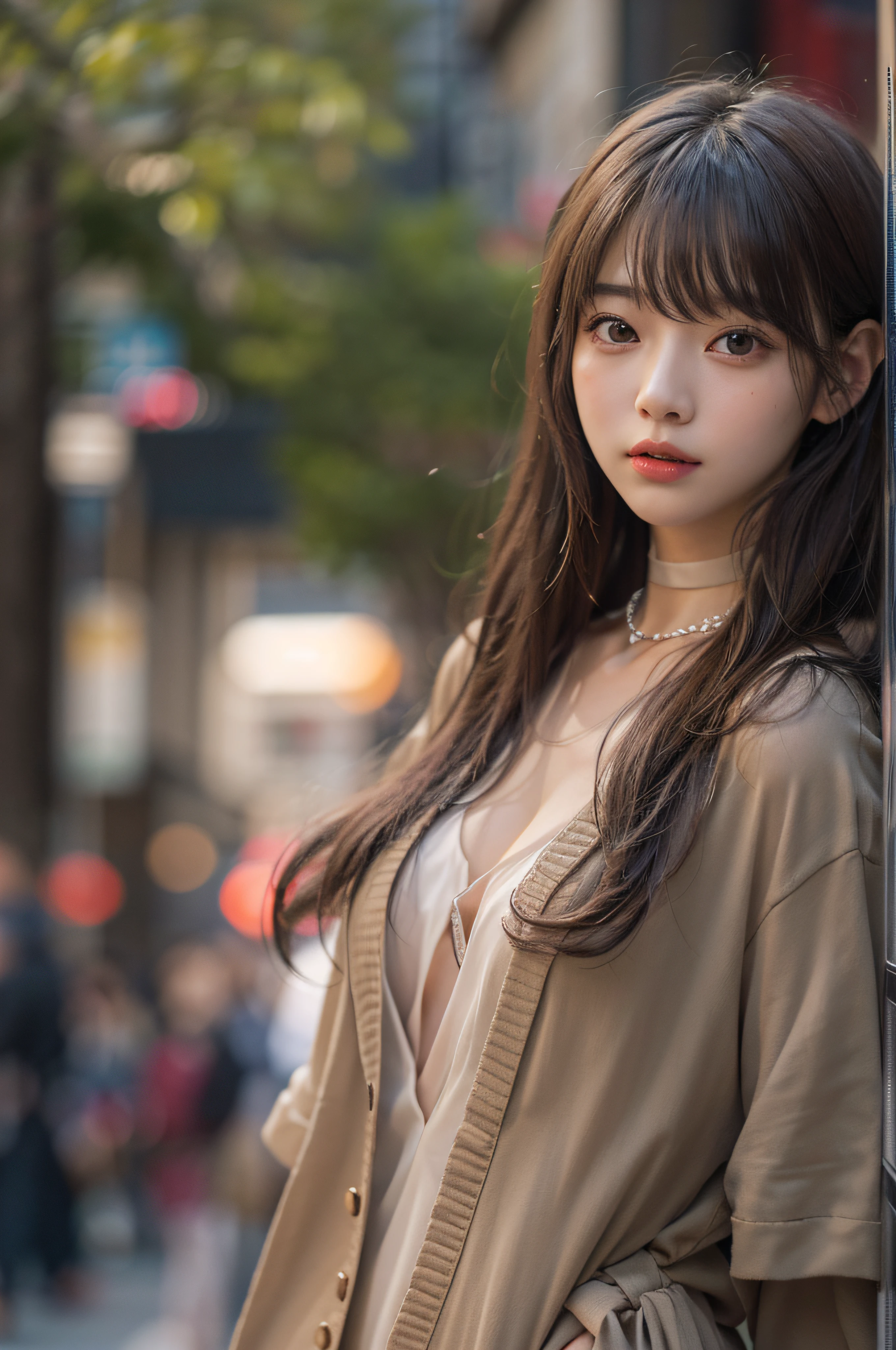 Best Quality Detail:1.2, realisitic, 8K UHD, hight resolution, 1girl in:1.2, The ultra-detailliert, High quality textures, intricate detailes, detaileds, Very detailed CG, High quality shadows, Detail Beautiful delicate face, Detail Beautiful delicate eyes, depth of fields, Ray traching, in her 20s, Pretty Kpop Girl, Korean Urzan Face:1.1, Slender face, ulzzang -6500-v1.1:0.6, pureerosface_v1, gloweyes, teak, Glossy lips, perfectbody, a choker、cleavage of the breast、 Brown hair、poneyTail:1.1, Street, Particle, look at viewr, Photorealsitic:1.4, ultra-detailliert, photos realistic, 4K 8K UHD Full Color RAW Photos, Fuji Film(Medium format:1.2), Hasselblad:1.2, Carl zeiss:1.1, Incredible dynamic range photography(UTIL_Art by Smoose-768:1.1), hight resolution, High pixel count, clear details, crisp image, Natural color reproduction, Noise Reduction, High fidelity, qulity, Software Improvements, Upscaling, Optimized algorithms, Pro-level retouching、((Shibuya, tokyo prefecture))、On the way to shopping、((Fashionable clothes with a very high design))、shirt dress: Oversized Shirt Dresses、Simple and fashionable style