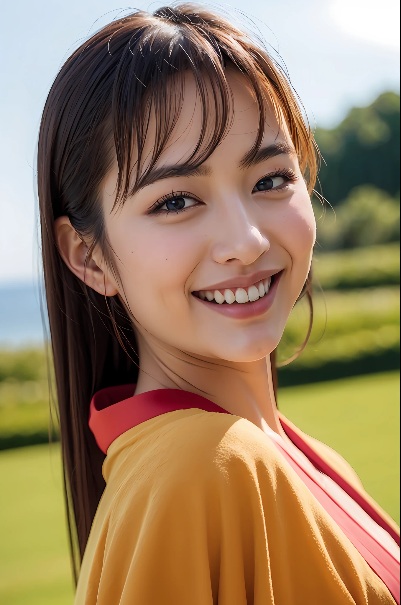 beautiful japanese female、Vivid kimono、top-quality、​masterpiece、超A high resolution、Photorealsitic、Look at the horizon、A smile、Blurred background