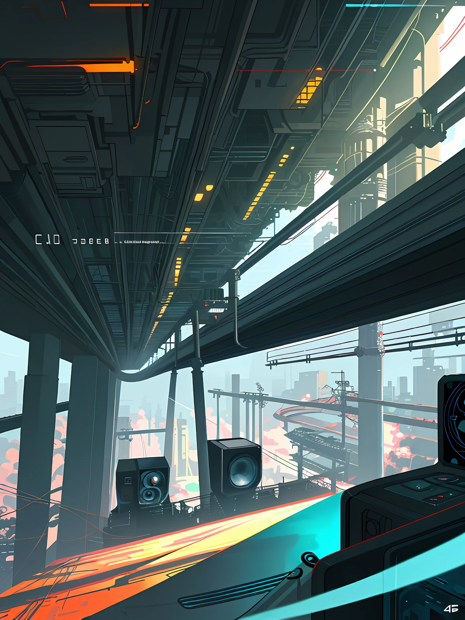 (Cybernetic internet landscape), (Zen, Amy Sol style), (underground, abandoned computer factory, wetware factory, cybernetic internet interface, fractal OS, footbridges, elevated trains, cables, conduits, powerlines, construction towers, tunnels), cover art with light abstraction, abstract, simple vector art, contemporary Cybernetic art, color gradients, soft color palettes, layered forms, whimsical animation, style Ethereal abstract, 4K, --v6