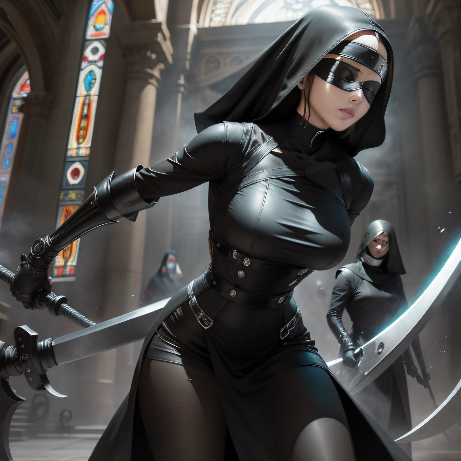 "mechanically aesthetic,Humanoid combat weapon with a huge silver-black serrated scythe,Blindfolded church nuns。"