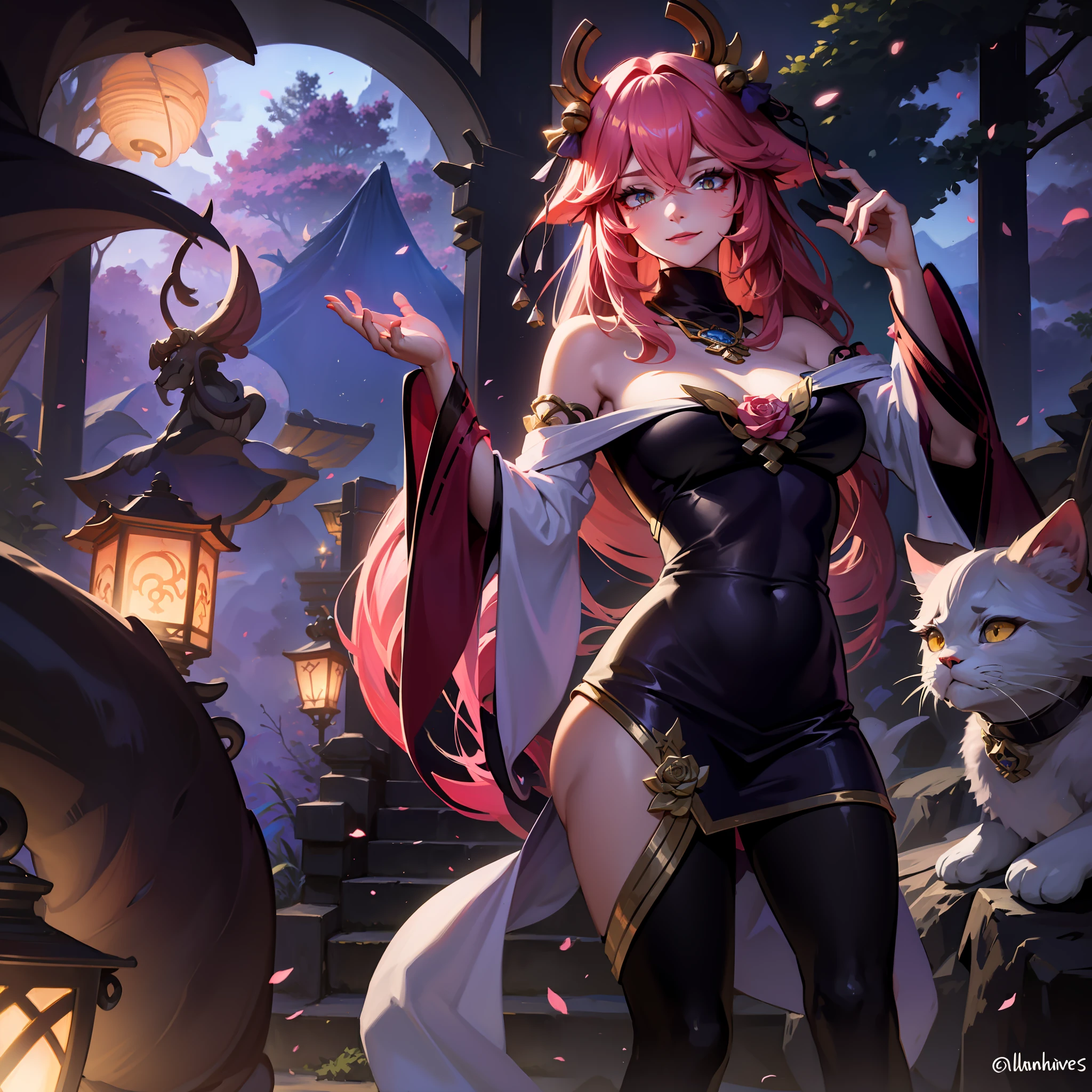 A female demon with cat ears, Elf ears and black demon horn, ((orelhas de elfo)), ((demon horn)), (orelhas de gato)), cabelo cor-de-rosa extremamente longo, ((Cabelo cor-de-rosa)), White eyes of the demon, ((olhos brancos)), vestido de gala preto longo volumoso e lindo molhado, floresta com arvores arbustos plantas relvado durante a noite