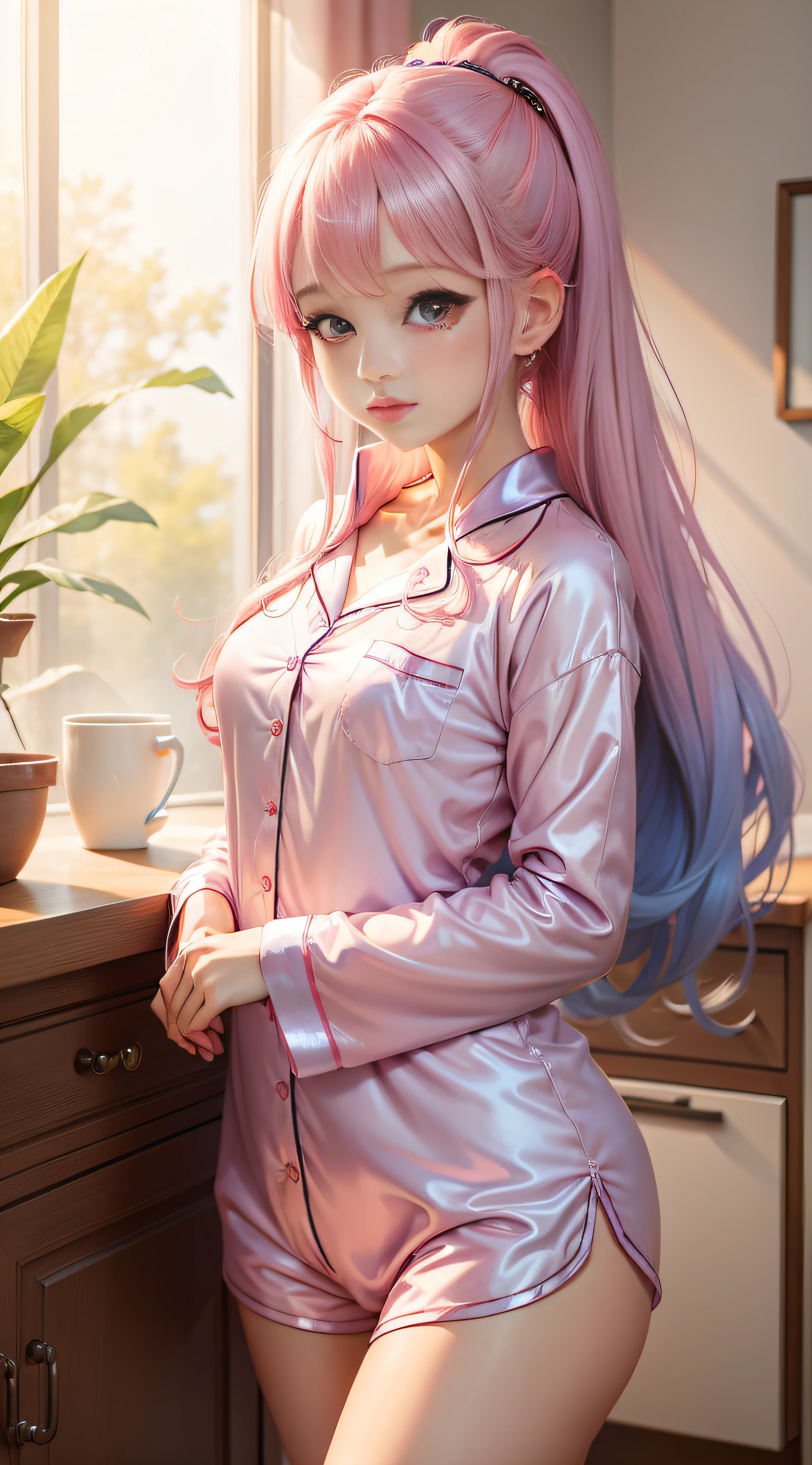 Cute girl,Ice silk pajamas,in pink,The sheen
