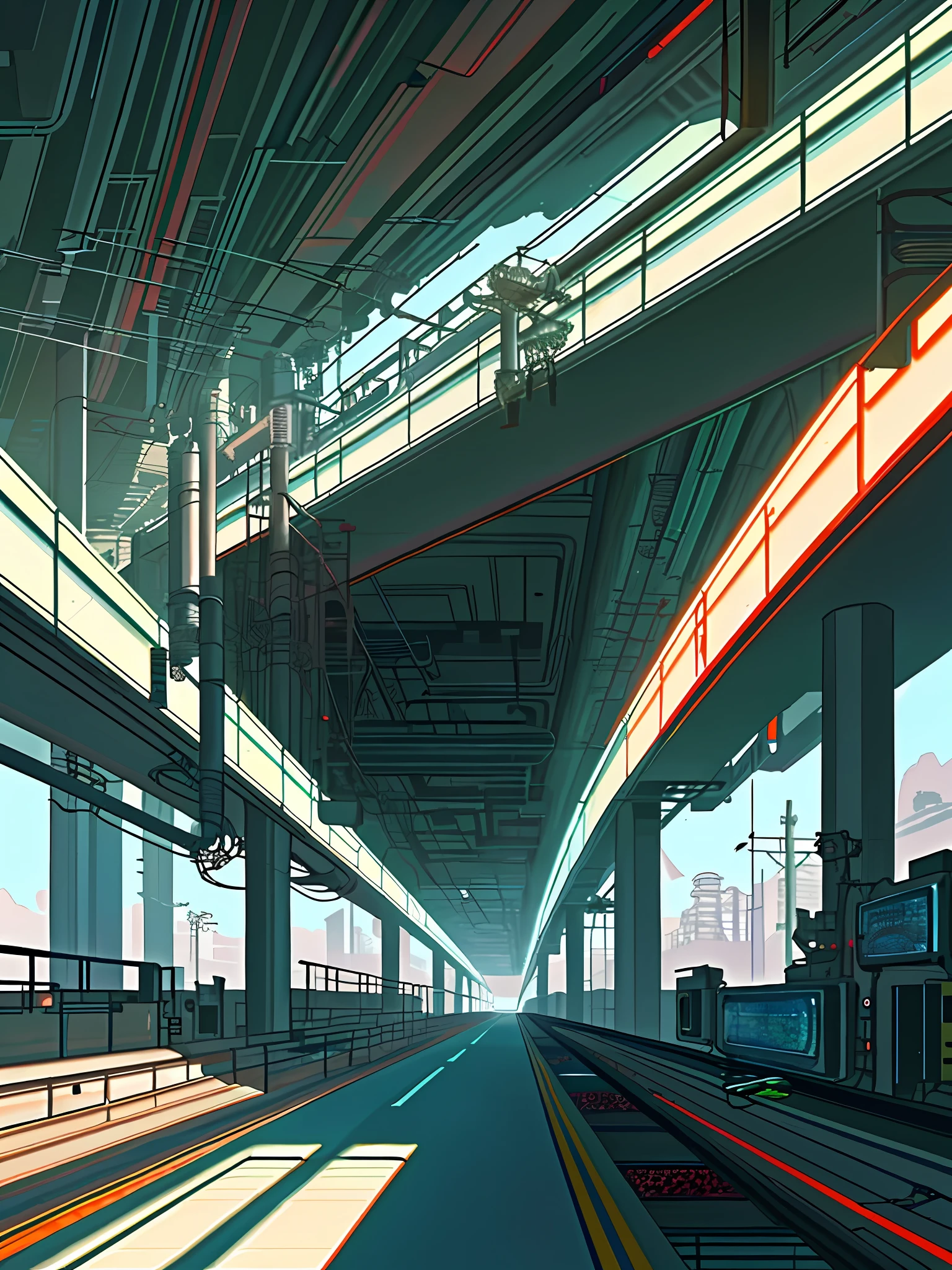 (Cybernetic internet landscape), (Zen, Amy Sol style), (underground, abandoned computer factory, wetware factory, cybernetic internet interface, fractal OS, footbridges, elevated trains, cables, conduits, powerlines, construction towers, tunnels), cover art with light abstraction, abstract, simple vector art, contemporary Cybernetic art, color gradients, soft color palettes, layered forms, whimsical animation, style Ethereal abstract, 4K, --v6
