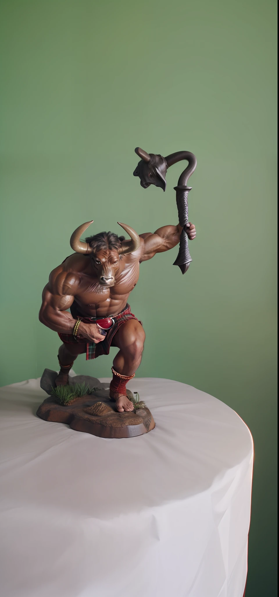 Minotaur, muscles, red kilt, morning star, dark brown skin