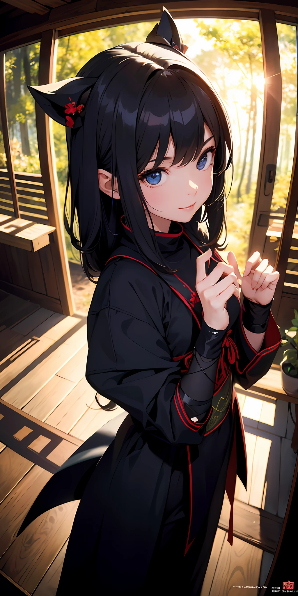 absurd res, A high resolution, (巨作:1.4), A highly detailed, 1girll, From above, the woods, ninjartist, ninja clothes, Sharp focus, (Cinematic lighting), (1girll), Slight smile，The 5 fingers of each hand are very detailed，