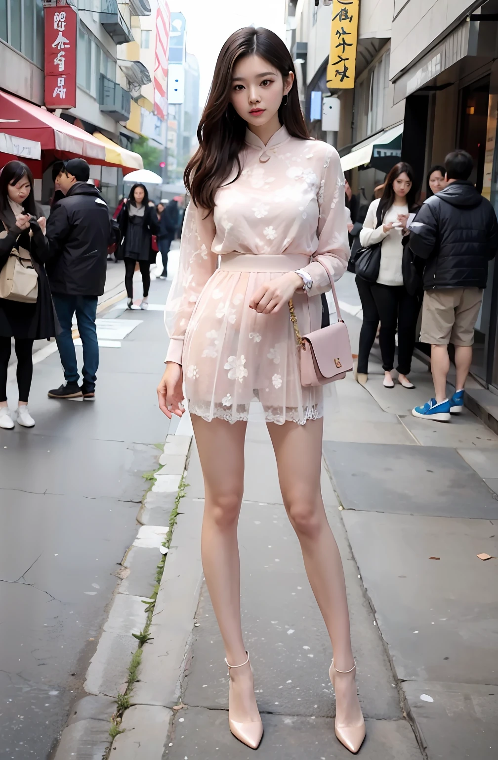 Beautiful Chinese woman standing on sidewalk in pink lace dress,Long thin legs, very beautiful long slim legs, very beautiful slim legs, Gray tights; On the street, korean women's fashion model, mini-skirts, Long legs, Wear a miniskirt, Beautiful slim legs, photo of slim girl model, wearing tight simple clothes,White heels,realisticlying,Real Human
