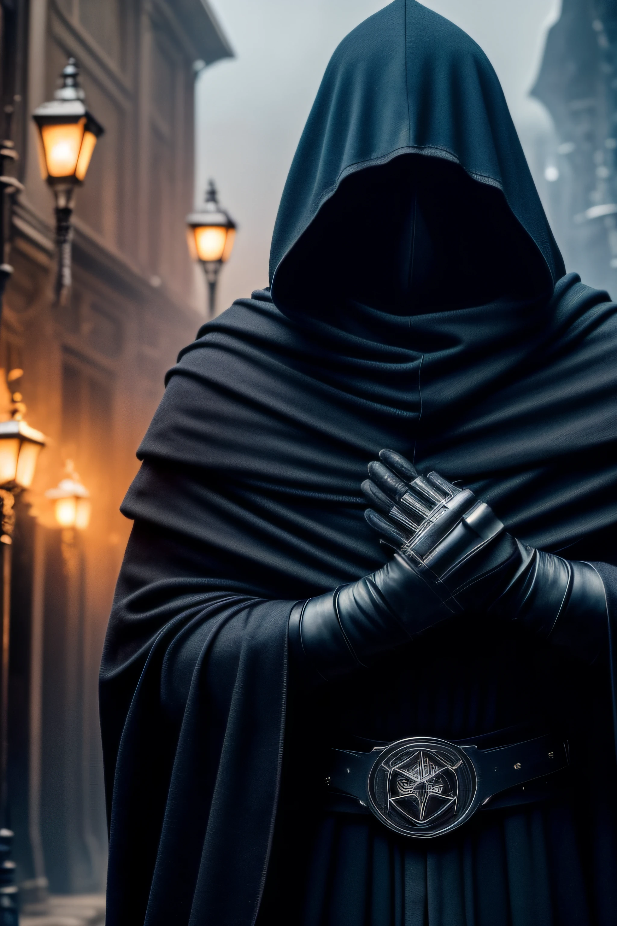 Masterpiece, 8K, wallpapers, (Detailed), ((full - body)), Humanoid, male, there is no face, instead of a face there is darkness, (Dressed in a black cloak covering the whole body, with a hood on his head, wearing black gloves), ((high skin detail, skin details)), sharp-focus, 8K UHD, dslr, hiquality, Film grain,