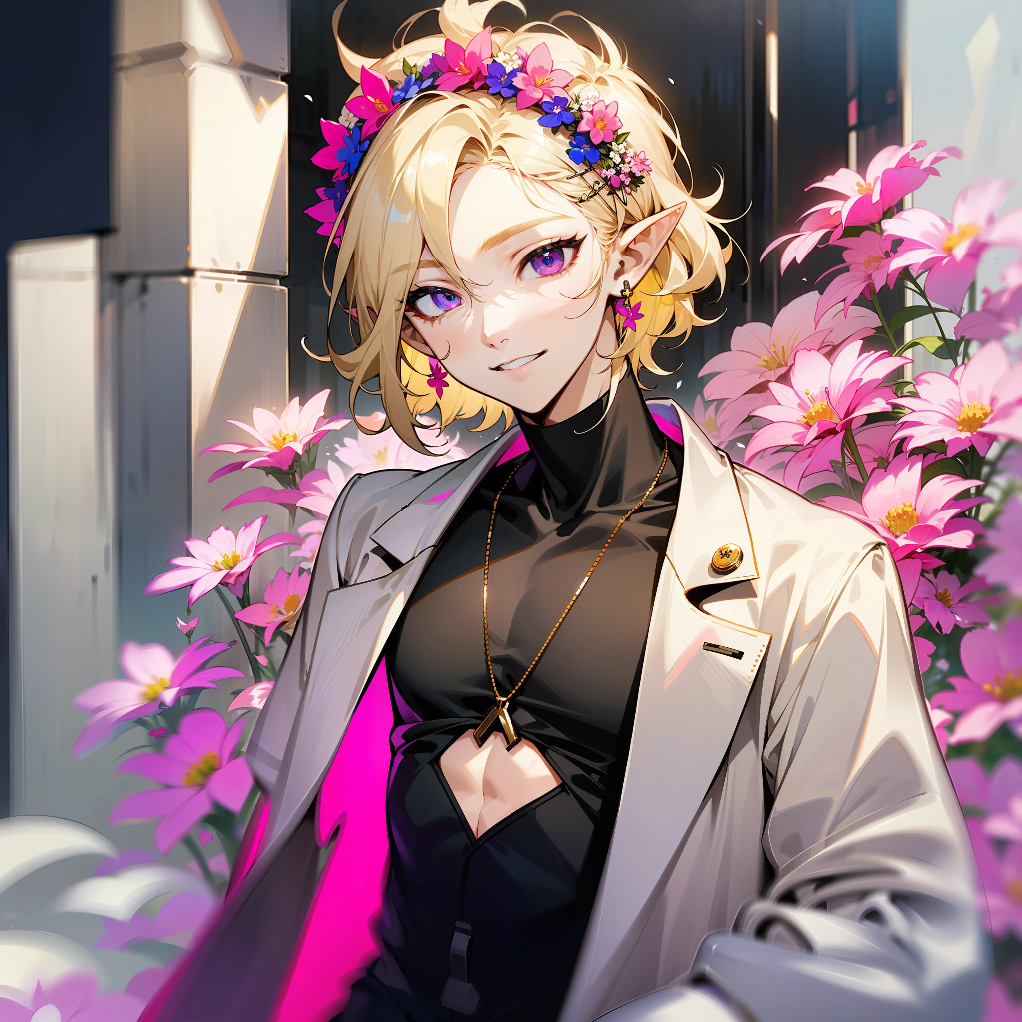 young man, twink, (((male))), (((man))), (((one person))), single, solo, (((very light blonde hair))), (((pink colored eyes))), (medium short hair), (chin-length hair), wavy hair, slim body, ((flat chest)), (((wearing flowers in his hair))), flowercrown, ((pointy ears)), (((light pink colored eyes))), smooth skin, smiling, wearing street fashion style clothes, (wearing modern and futuristic clothes), ((street fashion)), (((kpop style))), white flowers, purple flowers, light pink flowers