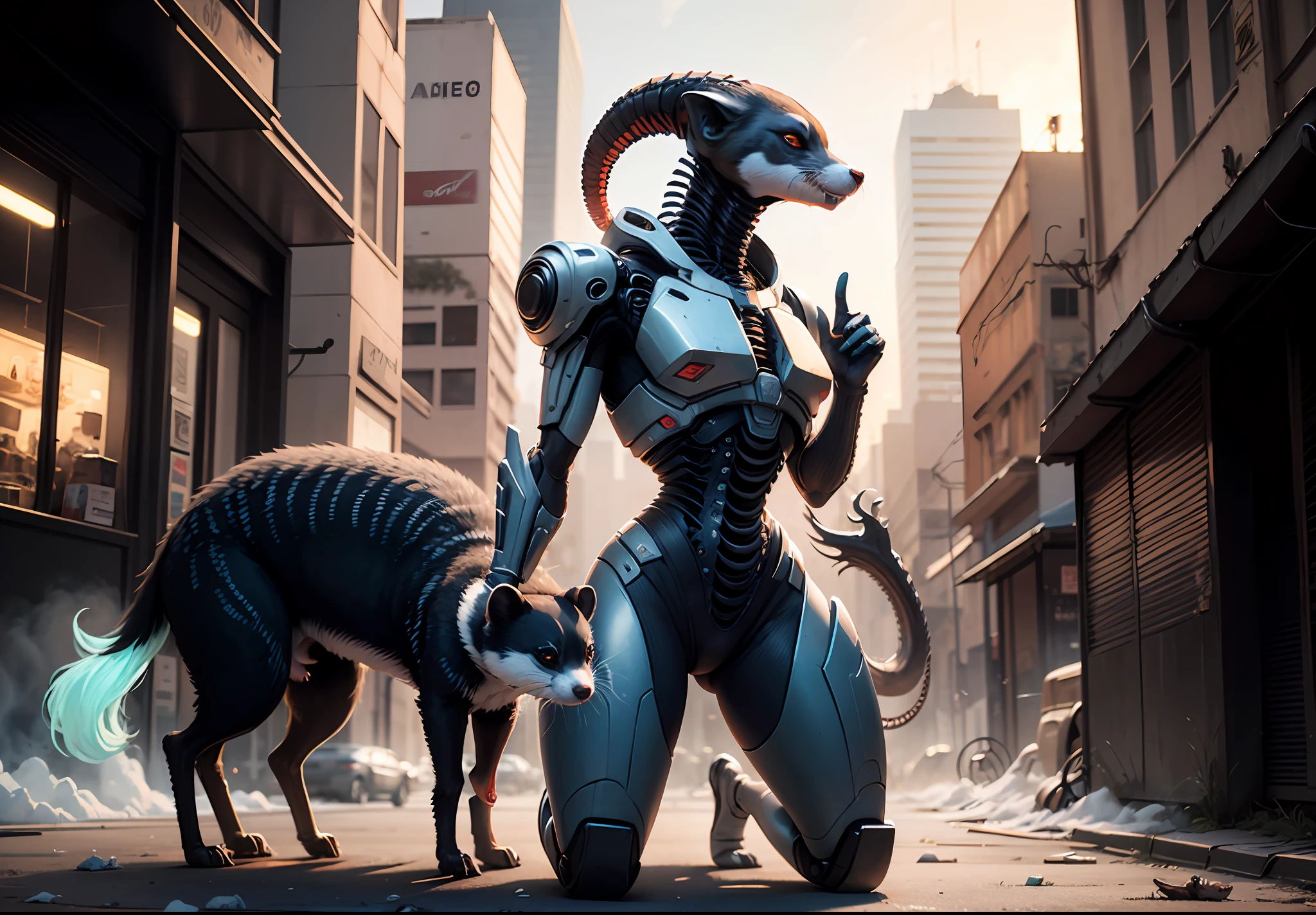 Elaboration of the image of a xenomorph ferret with exoskeleton in a futuristic city of Venus, de noche, parcialmente destruida, with blue powder and rust. Automatic car.