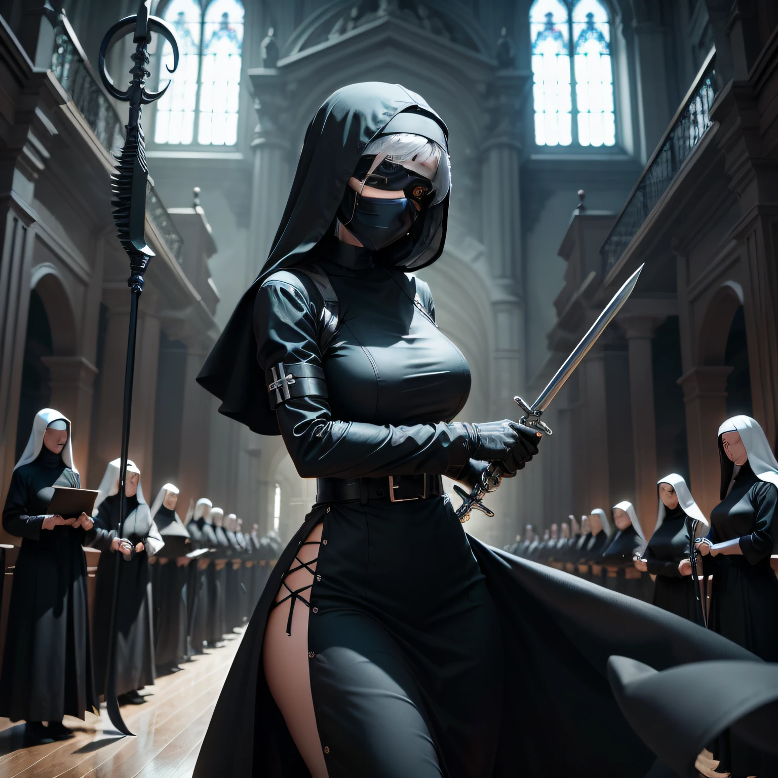 "Mechanical aesthetics,A humanoid combat weapon with a huge silver-black serrated scythe,Blindfold Church nuns。"