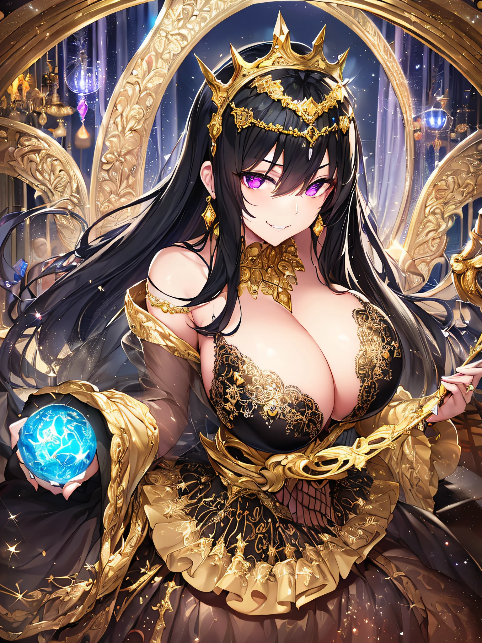 ((anime artstyle)),(Masterpiece),(Best Quality), (Super Detail),((Very Delicate and Beautiful)),Focus on character,Dynamic Angle,Looking at viewer,((Solo)),standing,((full body)),((one arrogant queen in glitter jeweled black and gold gorgeousfull ball gown with voluminous  fluffy skirt)),((BlingBling)),((arrogant)),((arrogant and naughty smile)),(Purple eyes),Sharp eyes,detailed face and eyes,jewel-like eyes,((Very Long voluminous black Hair)),Straight Hair,((Bangs between eyes)),((gorgeousfull embroidery and lace)),gorgeous corsage,See-through,gorgeousfull BlingBling hair ornament,gorgeousfull glitter jeweled tiara,ornate ruffles,((gigantic breasts,Long breasts)),skindentation,((full body)),((hoop skirt,crinoline)),(((gorgeous embroidery and glitter jeweled black and gold gorgeousfull ball gown with voluminous fluffy skirt))),(full body)