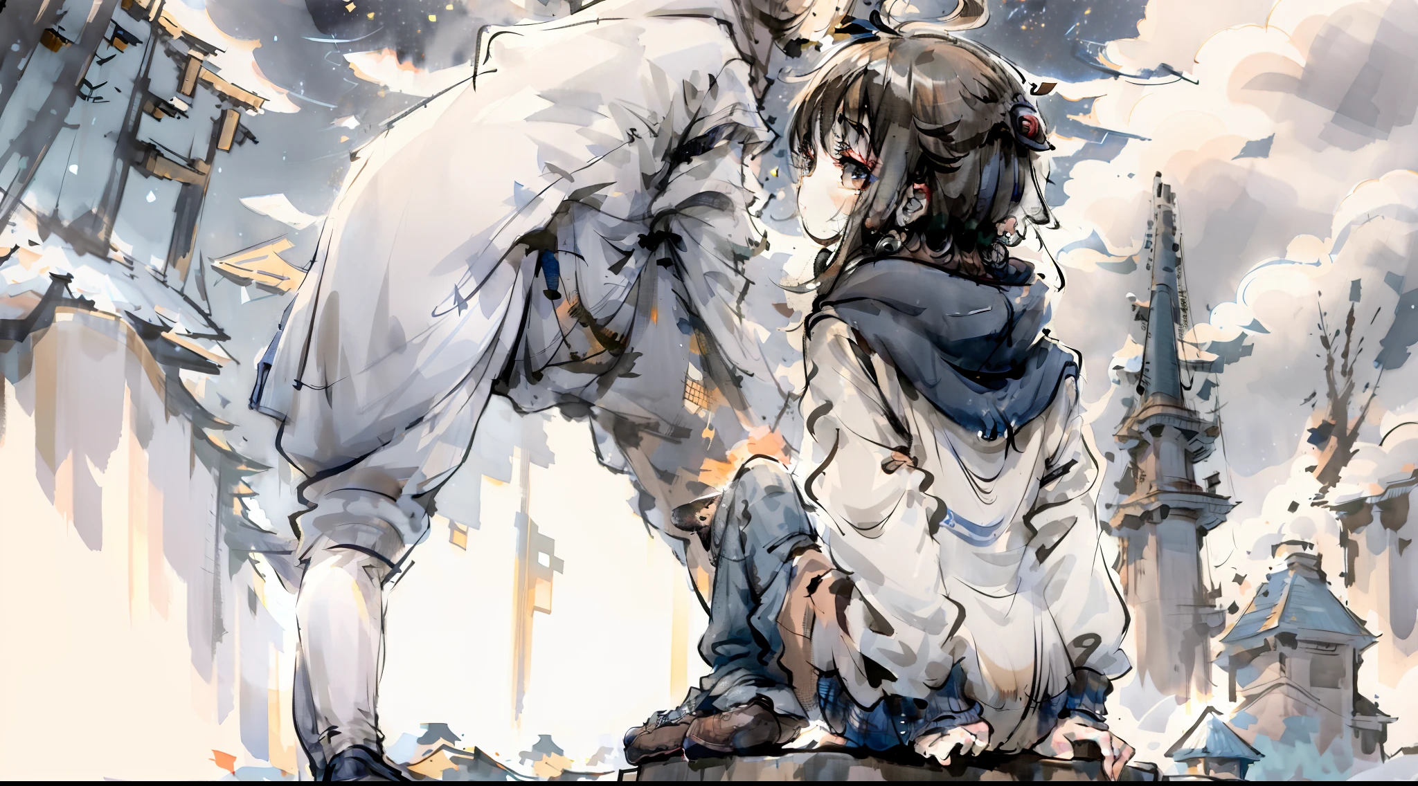 Boy in hoodie+On the right sits the girl+sitting on the stone+Girl leans on boy's shoulder+Look at the sky+A starry sky+the night+Faraway view+Back Shadow