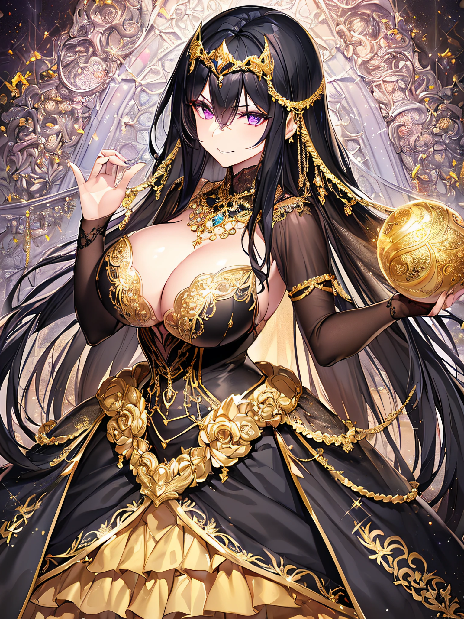 ((anime artstyle)),(Masterpiece),(Best Quality), (Super Detail),((Very Delicate and Beautiful)),Focus on character,Dynamic Angle,Looking at viewer,((Solo)),standing,((full body)),((one arrogant queen in glitter jeweled black and gold gorgeousfull ball gown with voluminous fluffy skirt)),((BlingBling)),((arrogant)),((arrogant and naughty smile)),(Purple eyes),Sharp eyes,detailed face and eyes,jewel-like eyes,((Very Long voluminous black Hair)),Straight Hair,((Bangs between eyes)),((gorgeousfull embroidery and lace)),gorgeous corsage,See-through,gorgeousfull BlingBling hair ornament,gorgeousfull glitter jeweled tiara,ornate ruffles,((gigantic breasts,Long breasts)),skindentation,((full body)),((hoop skirt,crinoline)),(((gorgeous embroidery and glitter jeweled black and gold gorgeousfull ball gown with voluminous fluffy skirt))),(full body)