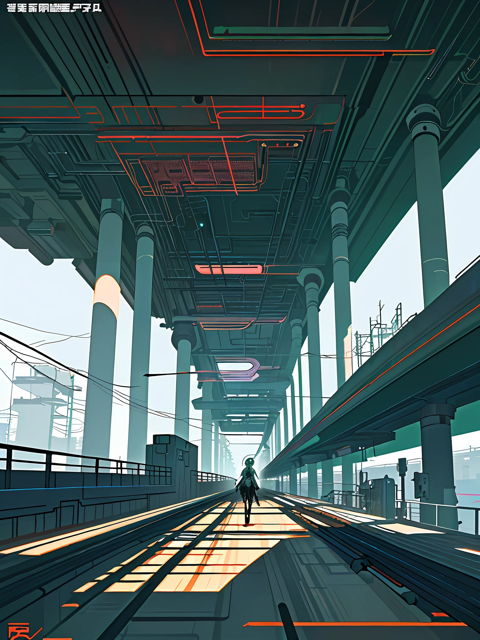 (Cybernetic internet landscape), (Zen, Amy Sol style), (underground, abandoned computer factory, wetware factory, cybernetic internet interface, fractal OS, footbridges, elevated trains, cables, conduits, powerlines, construction towers, tunnels), cover art with light abstraction, abstract, simple vector art, contemporary Cybernetic art, color gradients, soft color palettes, layered forms, whimsical animation, style Ethereal abstract, 4K, --v6