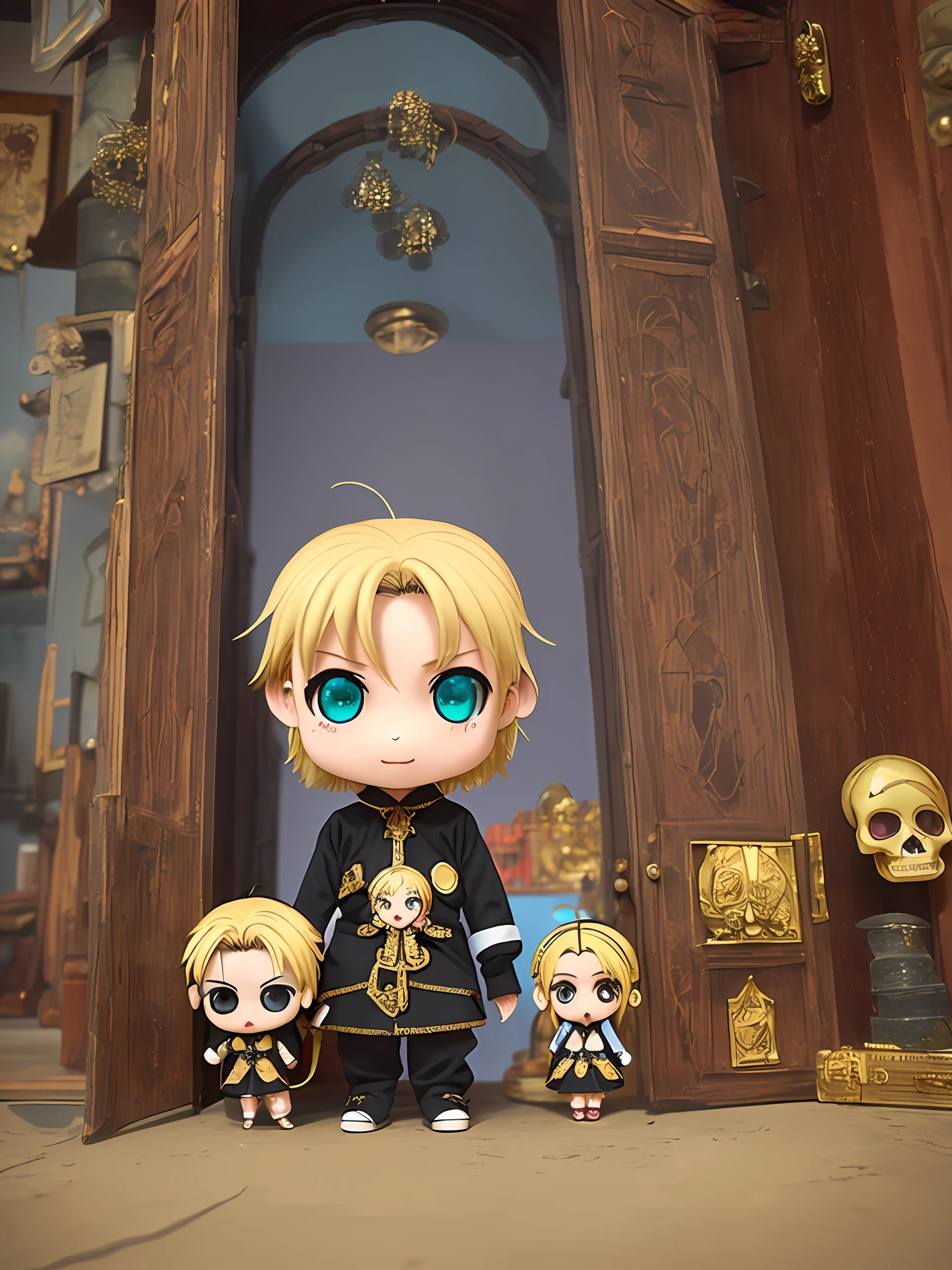 (((chibi)))(((petit)))shut, Victorian Age, Skull Mask, photographed, handmade, elegan, meticulous, magnifica, maximum details, extremely hyper aesthetic, complexly detailed, A lot of gold, Diamonds, Ruby and pearls,chibi 3d