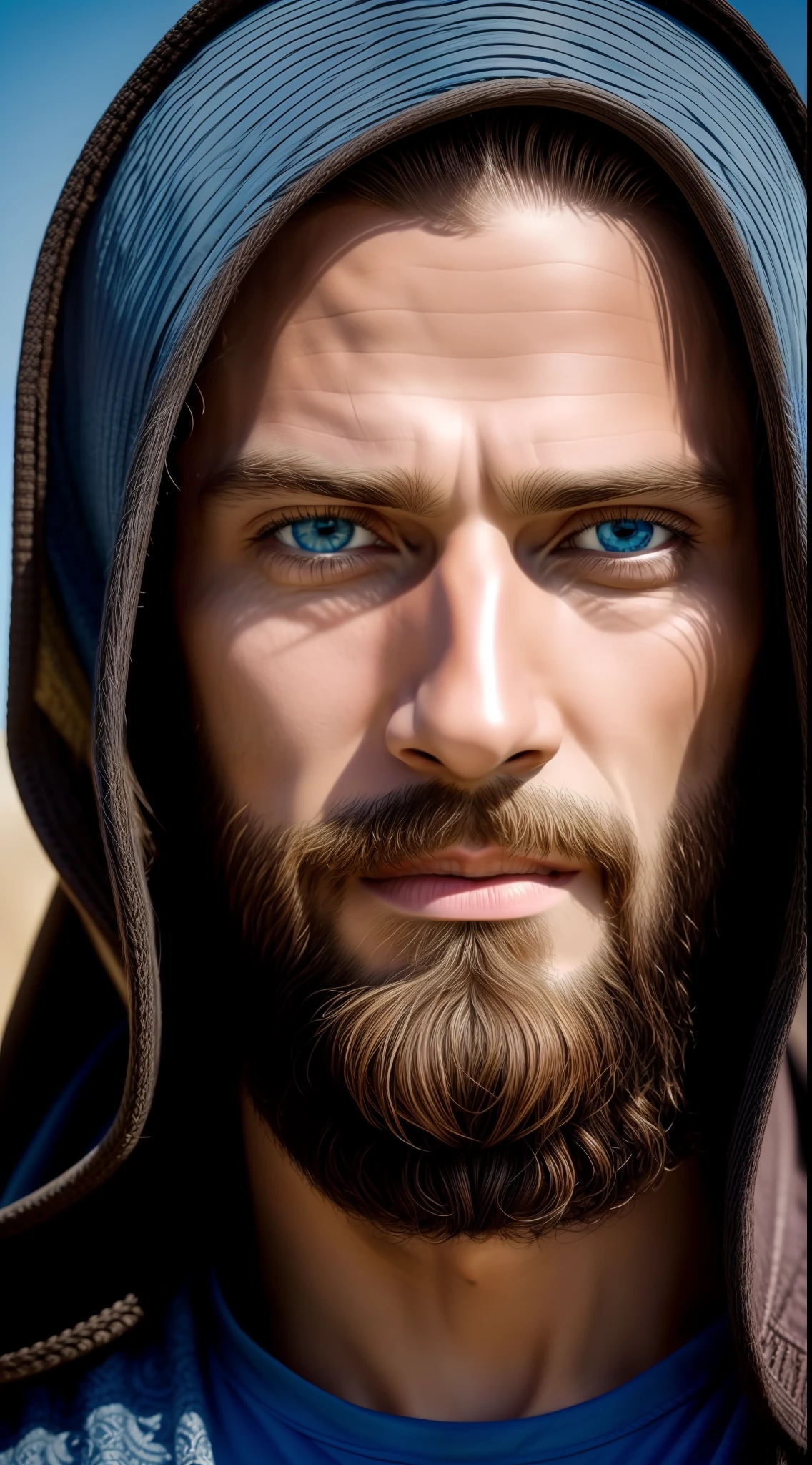 Portrait of a handsome man, Jesus Christ, real blue eyes, sunny day, intricate details.