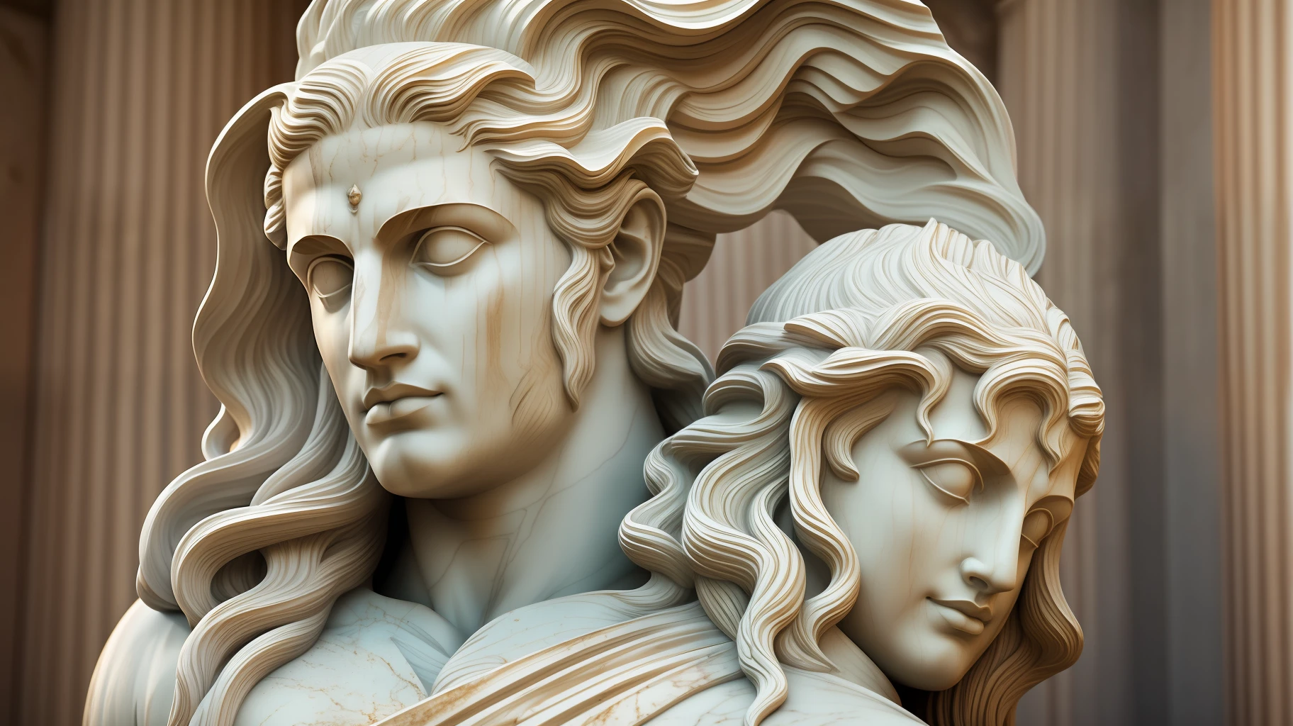 Create a stunning image of a Greek God in marble, realista e musculoso, wearing ancient Greek costumes with flowing hair and beard. Use cinematic lighting with dramatic shadows to emphasize your divine characteristics. Place the statue against a backdrop of ancient Greek symbolism, evoking a timeless and powerful presence.