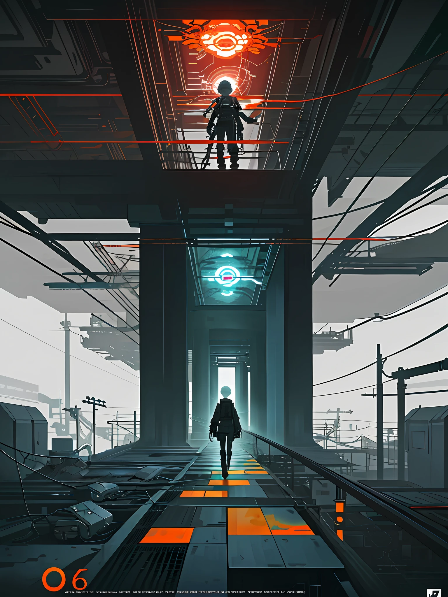 (blame! style abandoned tech landscape), (Zen, Amy Sol style), (underground, dark, foggy, perilous, abandoned computer factory, cybernetic factory, cybernetic hexagonal interface, fractal OS, footbridges, elevated catwalks, cables, conduits, powerlines, energy towers, deep tunnels), cover art with light abstraction, abstract, simple vector art, contemporary Cybernetic art, color gradients, soft color palettes, layered forms, whimsical animation, style Ethereal abstract, 4K, --v6