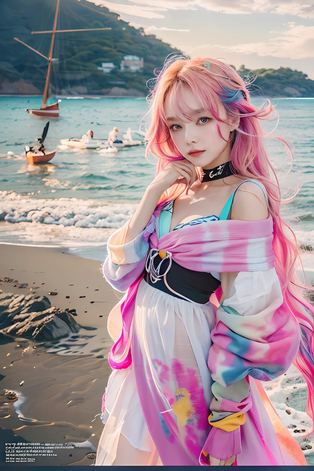 tmasterpiece,super high image quality,in a panoramic view,solo person,Live model,Realistis,1 girl standing by the sea,Colorful hair,Pick dyeing,Colorful hair,Colorful long hair is brightly colored,fully body photo,ultra - detailed,Delicate eyes and facial features,Perfect look,Realistic lighting effects,eventide,evening light