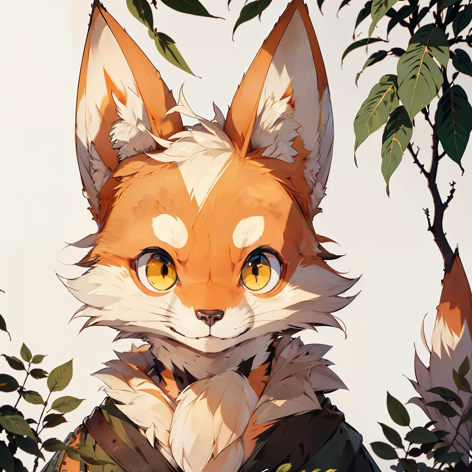 A mischievous and cute fox with a bone in his hand,head portrait,square shapes,planar,The picture is refreshing,Background in the forest