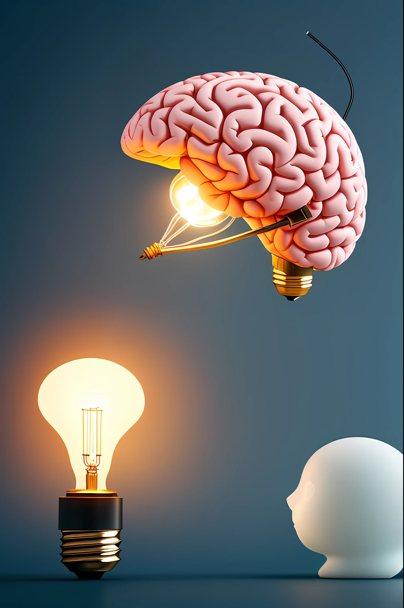 Create a unique and innovative 3D logo representing a light bulb with a brain inside. Use your skill to bring to life this clever and creative fusion between a symbol of enlightenment and the power of thought. Explore uma abordagem moderna e minimalista, ensure that the lamp is clearly recognizable, with all its distinguishing features. Inside the lamp, Design a detailed brain, conveying the idea of intelligence, criatividade e ideias brilhantes. Balance colors harmoniously and add shadows and light effects to give depth to your creation. Seja ousado e inovador em seu projeto, create a 3D logo that captures the essence of the synergy between the illumination of knowledge and the power of thought.