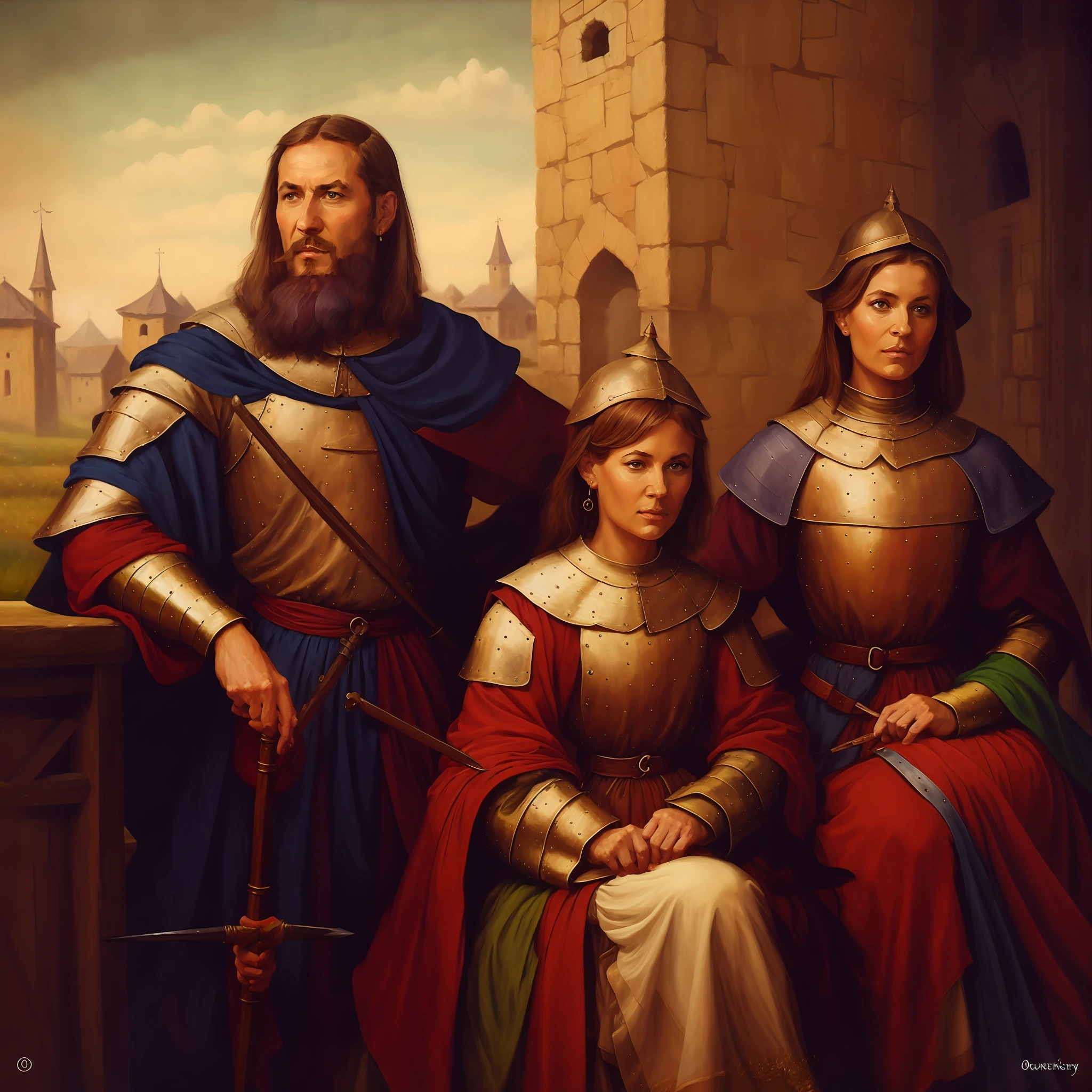 pintura de um homem e duas mulheres em roupas medievais sentados em um banco, pintura digital renascentista, arte do jogo de fantasia medieval, Pintura digital barroca, arte de fantasia medieval, Directed by: Alexander Orlovsky, family portrait, Directed by: Eugene Zak, Directed by: Piotr Michalowski, fantasia medieval, Directed by: Tadeusz Pruszkówski
