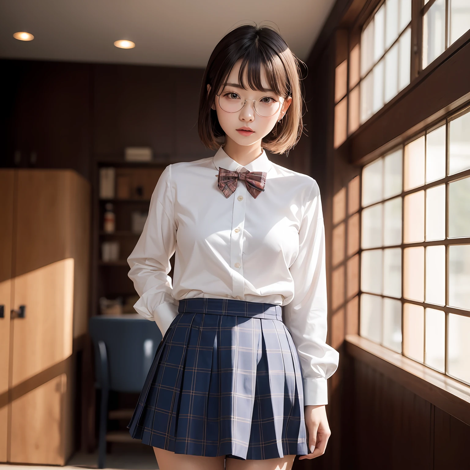 （8K、Raw photography、top-quality、​masterpiece：1.2),absurderes,a small face,small tits,flat breast,Parting the bangs from the middle、Forehead visible,(Tight eyes,Bullish,skinny,Rasping,irate)、​masterpiece,top-quality、超A high resolution,Raw photo,ren,Beautiful fece,One Person, 独奏,eye glass,,Dark look,Small breasts,fullllbody,Round glasses、cute little、A Japanese Lady,is standing,(Tight eyes,Bullish,skinny,Rasping,irate,small tits,flat breast)、（Photorealsitic：1.37）、Photon mapping,Light blue ribbon,Realistic、Cute little face,Brown-eyed、Black socks、(Red bow tie)、Radio City、Physically Based Rendering、Foreground、depth of fields、Blurry background、a picture,The girls、Body, Long legs, Thin leg, poneyTail,(Bangs are visible), hair, s lips, Blue_The eye, nosesoft,White shirt, Navy blue and white plaid pleated skirt, Sheer clothing,, Thigh, Black cotton socks,Nogizaka Idol, 女優, Japanese ido