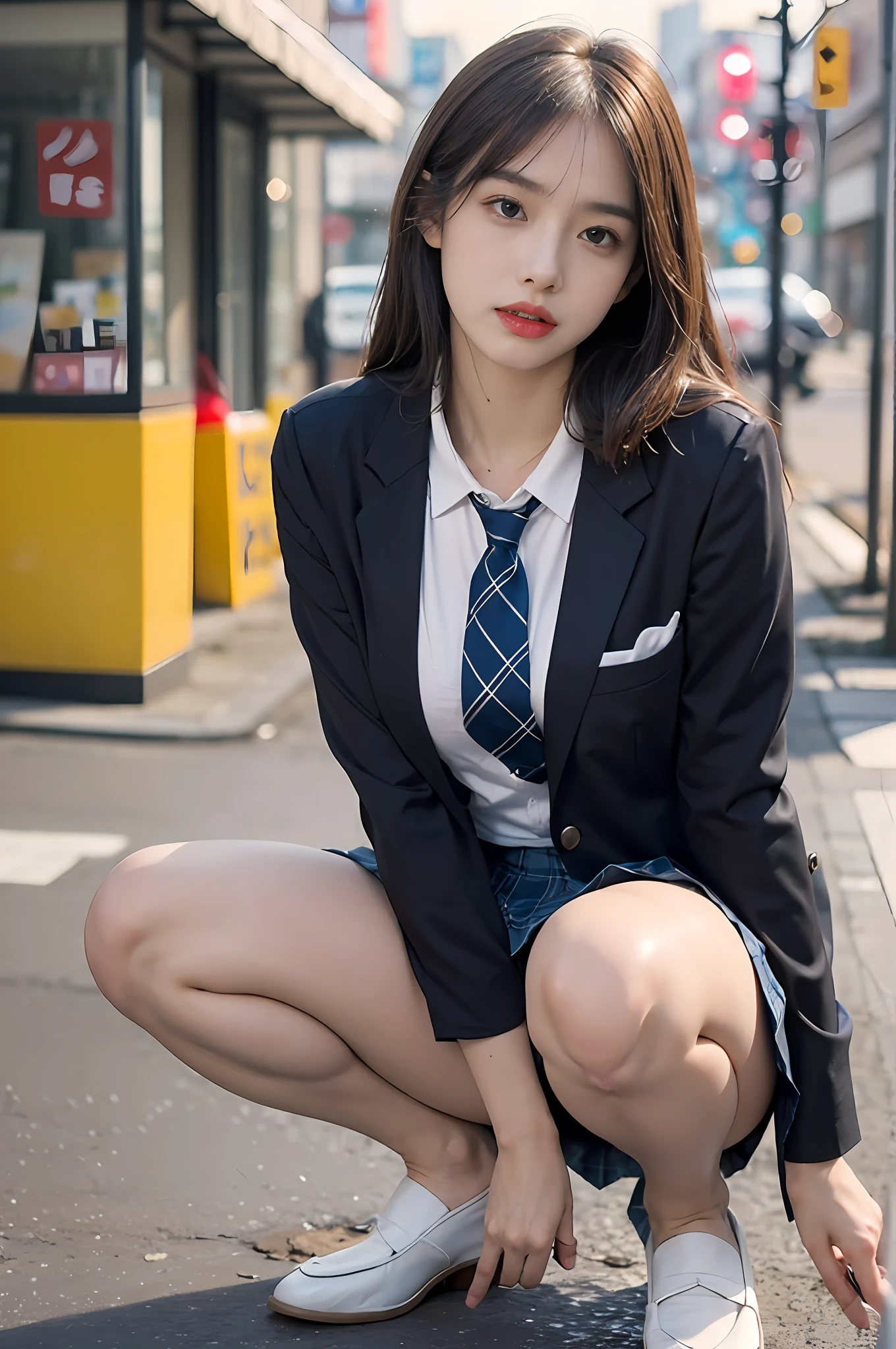 (8K, RAW photo, Top quality, Masterpiece: 1.2, Realistic, Photorealistic, High contrast, photon maping, photon maping, Photorealistic, Ultra-detailed, Professional lighting, Low angle: 1.2), (1 girl), (Solo: 1.5), (Full-body), (height of 165cm), (18-year-old schoolgirl), (Shinjuku at night in Japan), (sidewalk lined with shops), (Japan high school uniform and designated shoes), (dark blue blazer: 1.2), (Short plaid skirt: 1.5), (white shirt for students), (tie: 1.2), (squatt，Crotch Spread Wide，looking to the front), (Skirt flipping up), (M-shaped legs), (180 degree leg open), (Crotch open: 1.2), (light brown medium hair), (see-through wet white panties: 1.5), (camel-toe), (Black loafers: 1.5), (beautfully face: 1.3), (Perfect proportions: 1.2), (Long legs: 1.2), (small: 1.3), (Panties visible from under skirt: 1.3), (Female Pubic Hair Clearly Visible: 1.4), (Pubic hair: 1.4), (with no underpants: 1.2), (Textured skin)，high-heels