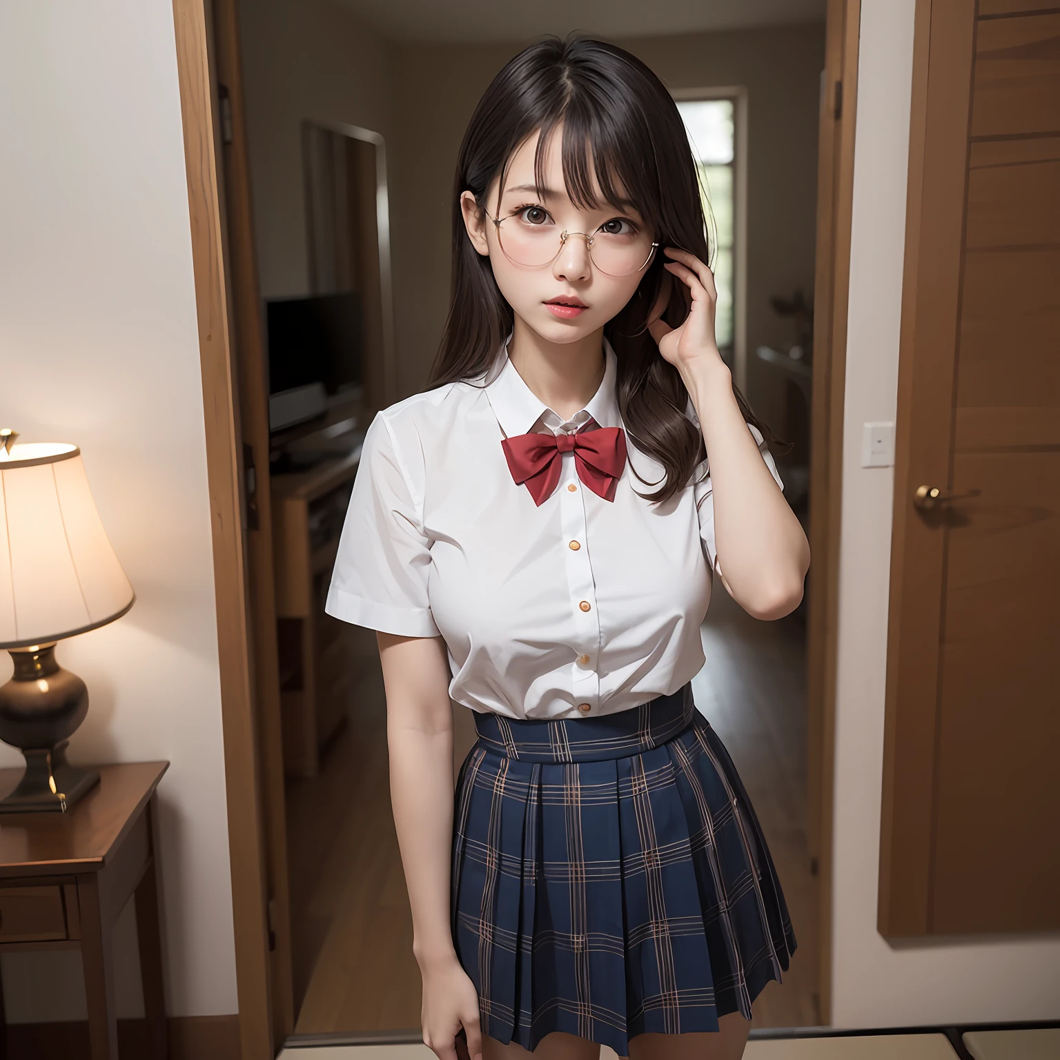 (8K、Raw photography、top-quality、masterpiece:1.2),absurderes,a small face,small tits,flat breast,Parting the bangs from the middle、Forehead visible,(Tight eyes,Bullish,skinny,Rasping,irate)、masterpiece,top-quality、超A high resolution,Raw photo,ren,Beautiful fece,One Person, 独奏,eye glass,,Dark look,Small breasts,fullllbody,Round glasses、cute little、A Japanese Lady,is standing,(Tight eyes,Bullish,skinny,Rasping,irate,small tits,flat breast)、(Photorealsitic:1.37)、Photon mapping,Light blue ribbon,Realistic、Cute little face,Brown-eyed、Black socks、(Red bow tie)、Radio City、Physically Based Rendering、Foreground、depth of fields、Blurry background、a picture,The girls、Body, Long legs, Thin leg, poneyTail,(Bangs are visible), hair, s lips, Blue_The eye, nosesoft,White shirt, Navy blue and white plaid pleated skirt, Sheer clothing,, Thigh, Black cotton socks,Nogizaka Idol, 女優, Japanese ido