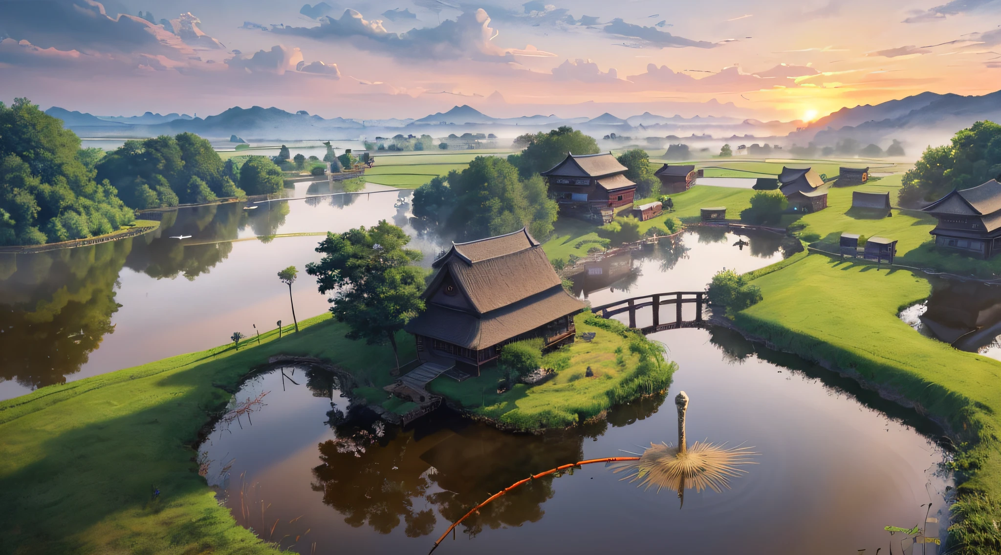 8K,k hd，CG,Complex textures，Complex scenes，Large depth of field，bird's eyes view，Complex light，The rising sun，Chinese farmhouses，Morning mist，uni，lakes，（The Car），tenten，A man is fishing