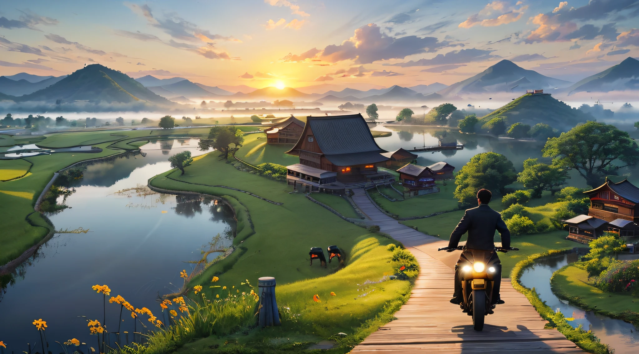 8K,k hd，CG,Complex textures，Complex scenes，Large depth of field，bird's eyes view，Complex light，The rising sun，Chinese farmhouses，Morning mist，uni，lakes，（the motorcycle），tenten，A man is fishing