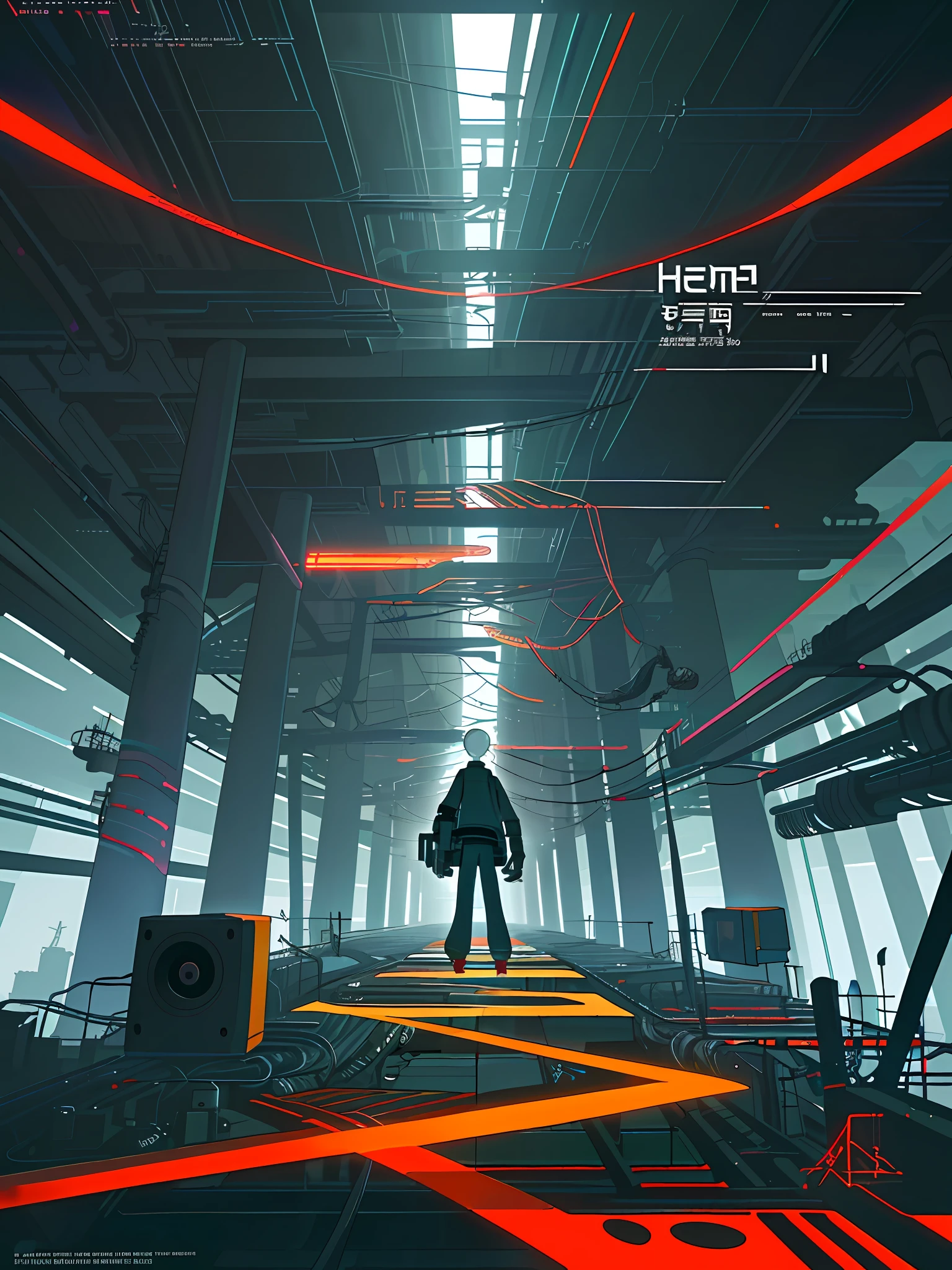 (blame! style abandoned tech landscape), (Zen, Amy Sol style), (underground, dark, foggy, perilous, abandoned computer factory, cybernetic factory, cybernetic hexagonal interface, fractal OS, footbridges, elevated catwalks, cables, conduits, powerlines, energy towers, deep tunnels), cover art with light abstraction, abstract, simple vector art, contemporary Cybernetic art, color gradients, soft color palettes, layered forms, whimsical animation, style Ethereal abstract, 4K, --v6