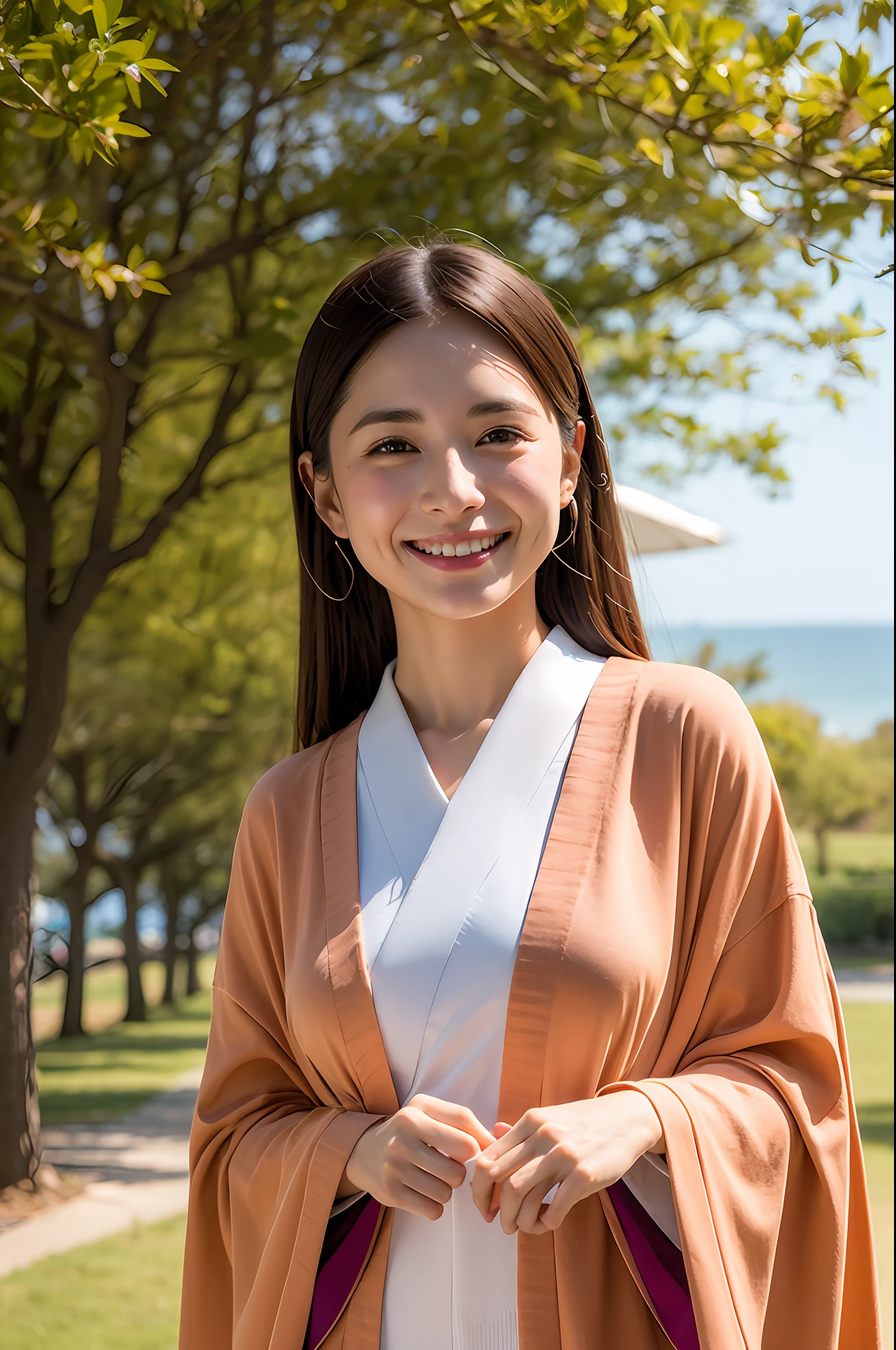 beautiful japanese female、Vivid kimono、top-quality、masterpiece、超A high resolution、Photorealsitic、Look at the horizon、A smile、Blurred background