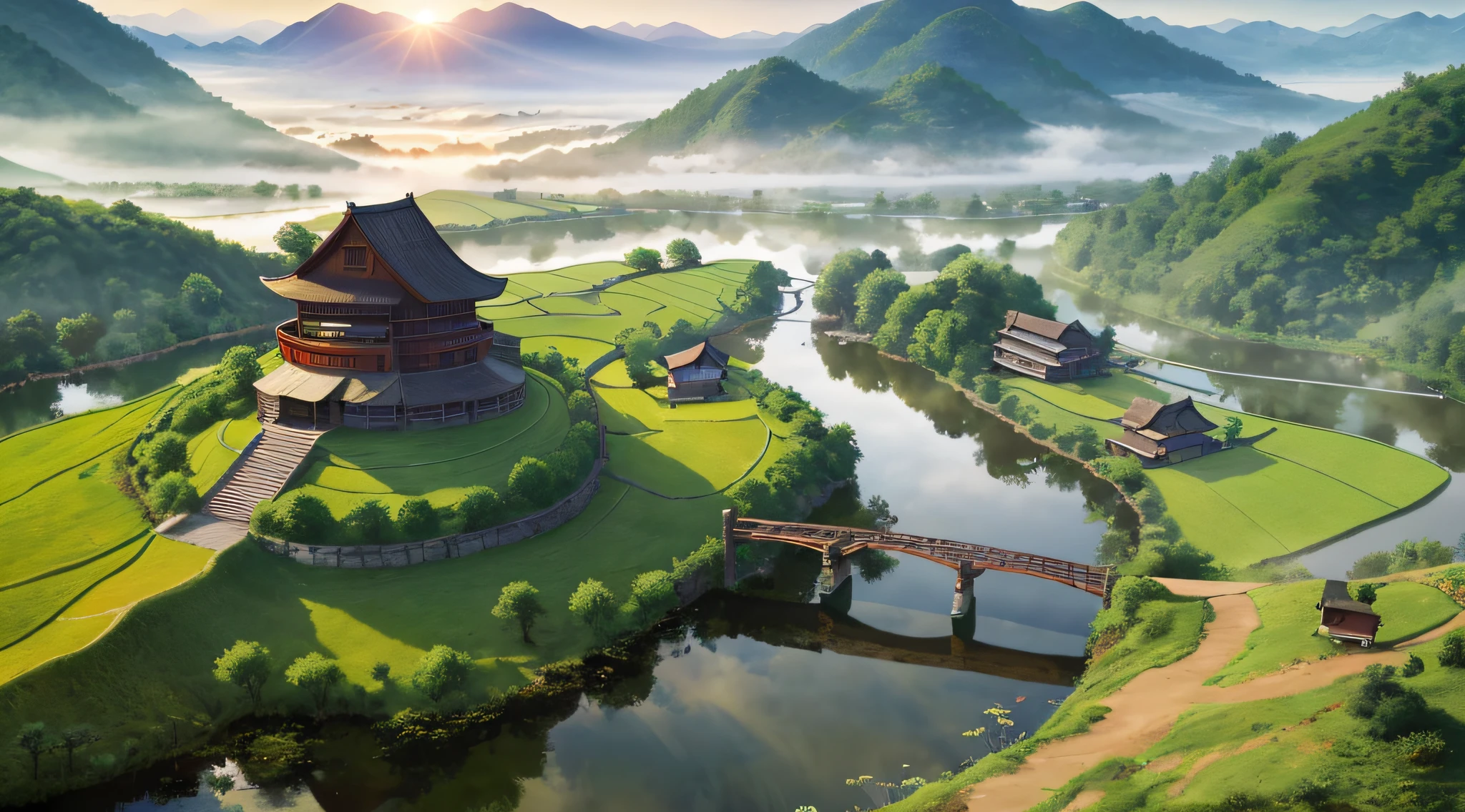 8K,k hd，CG,Complex textures，Complex scenes，Large depth of field，bird's eyes view，Complex light，The rising sun，Chinese farmhouses，Morning mist，uni，lakes，（the motorcycle），tenten，A man is fishing