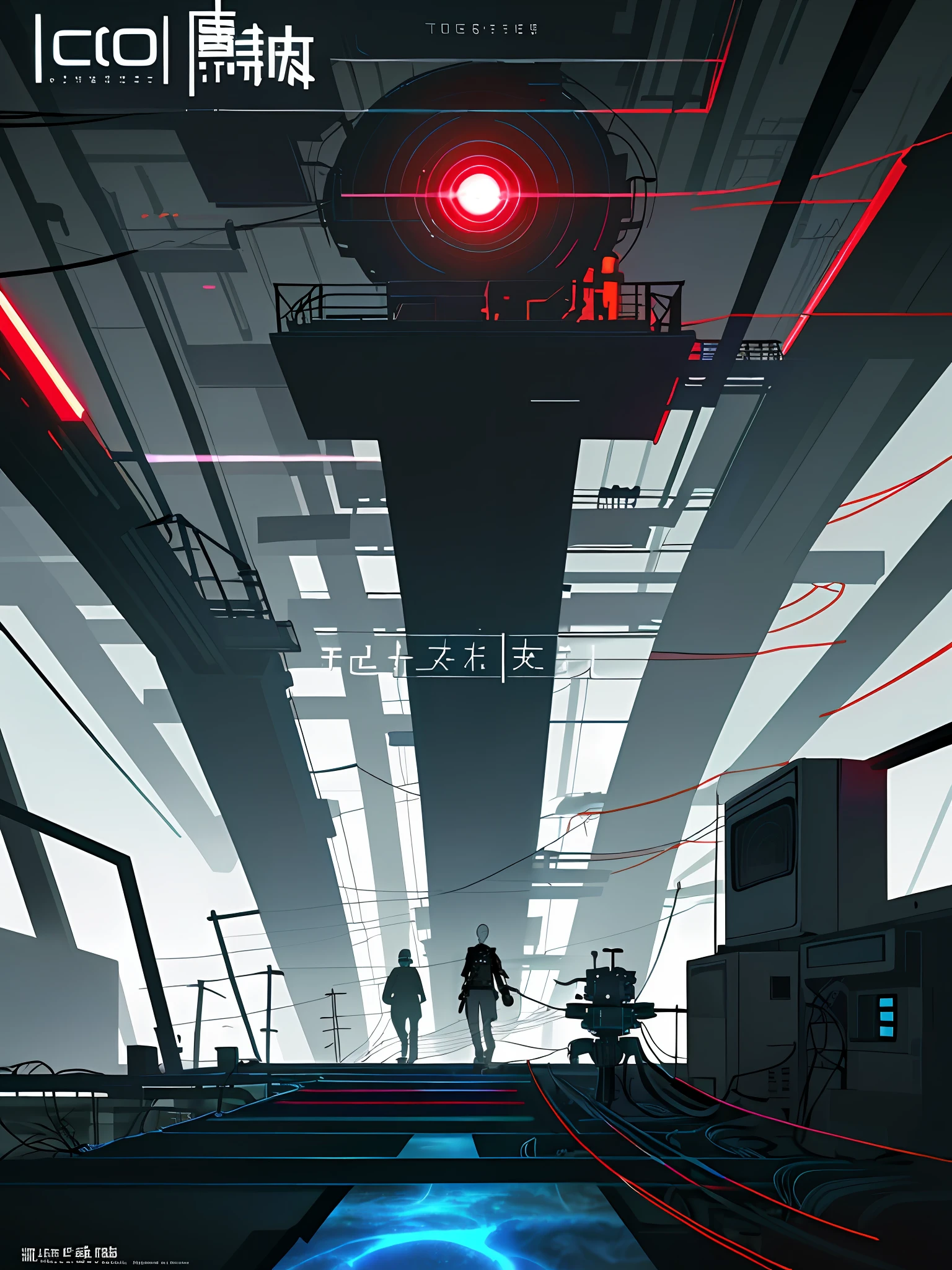 (blame! style abandoned tech landscape), (Zen, Amy Sol style), (underground, dark, foggy, perilous, abandoned computer factory, cybernetic factory, cybernetic hexagonal interface, fractal OS, footbridges, elevated catwalks, cables, conduits, powerlines, energy towers, deep tunnels), cover art with light abstraction, abstract, simple vector art, contemporary Cybernetic art, color gradients, soft color palettes, layered forms, whimsical animation, style Ethereal abstract, 4K, --v6
