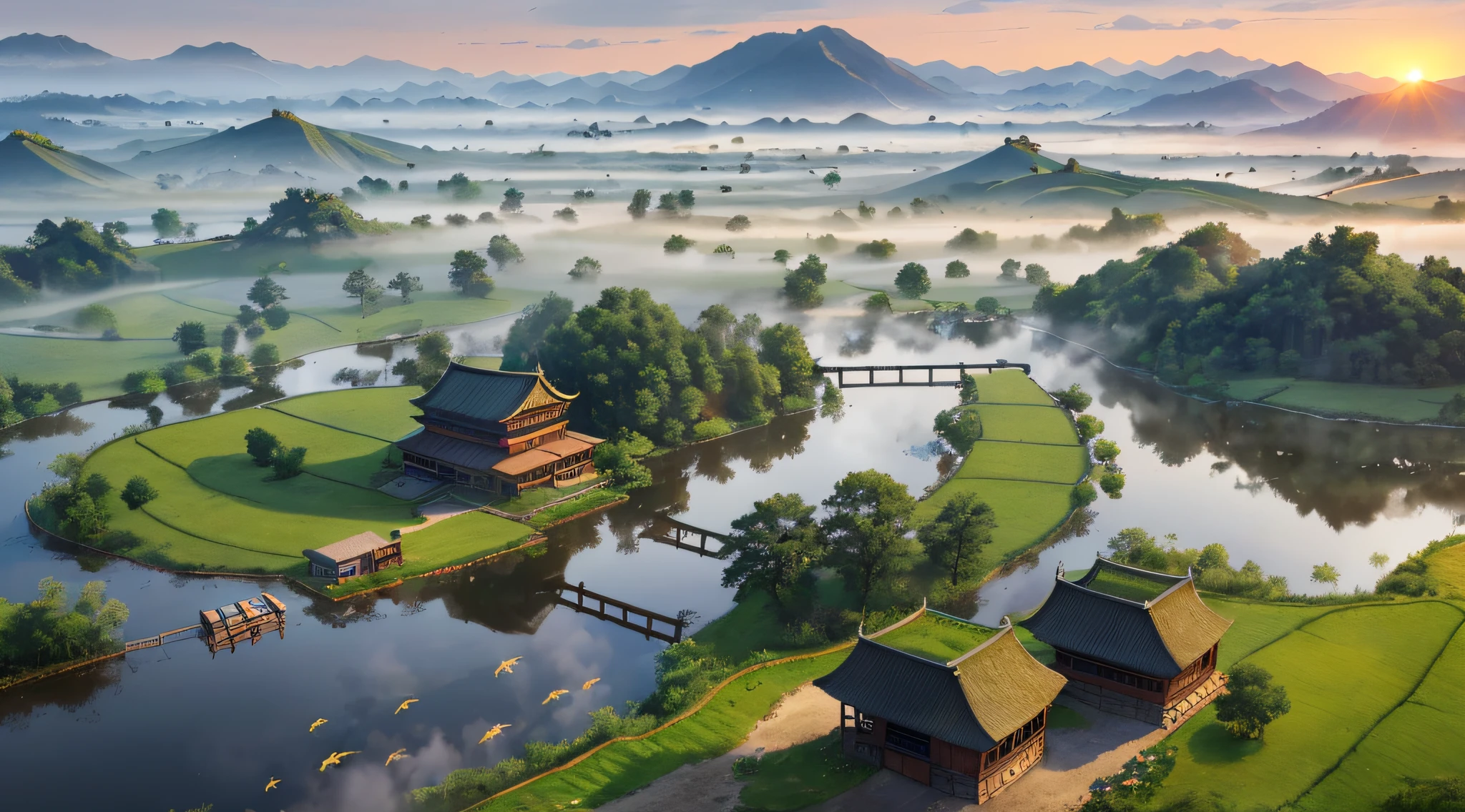 8K,k hd,CG,Complex textures,Complex scenes,Large depth of field,bird's eyes view,Complex light,The rising sun,Chinese farmhouses,Morning mist,uni,lakes,SUV,tenten,A man is fishing