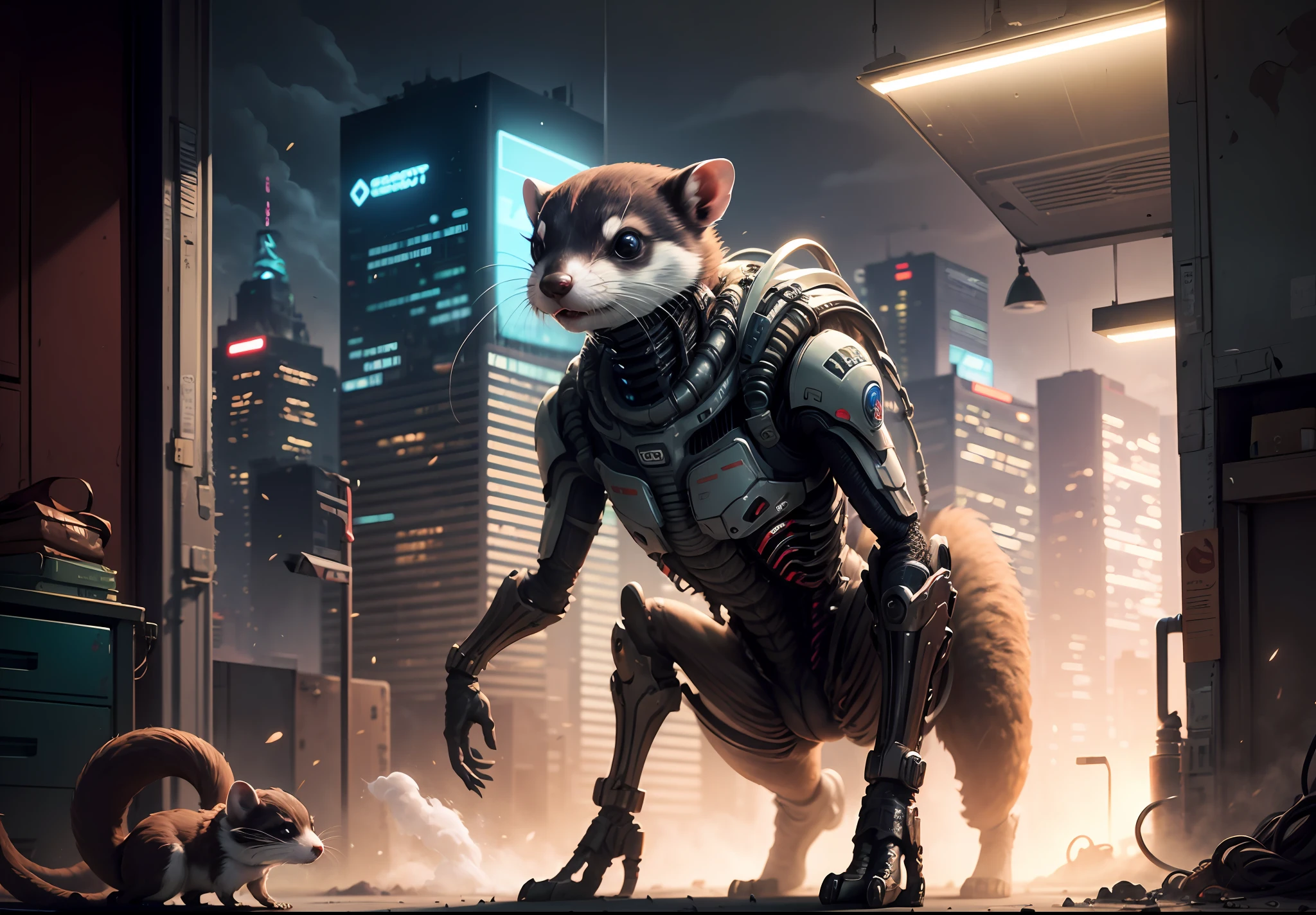 NFSW Elaboration of the image of a xenomorphic ferret with exoskeleton in a futuristic city of Venus, de noche, parcialmente destruida, with blue powder and rust. Automatic car.