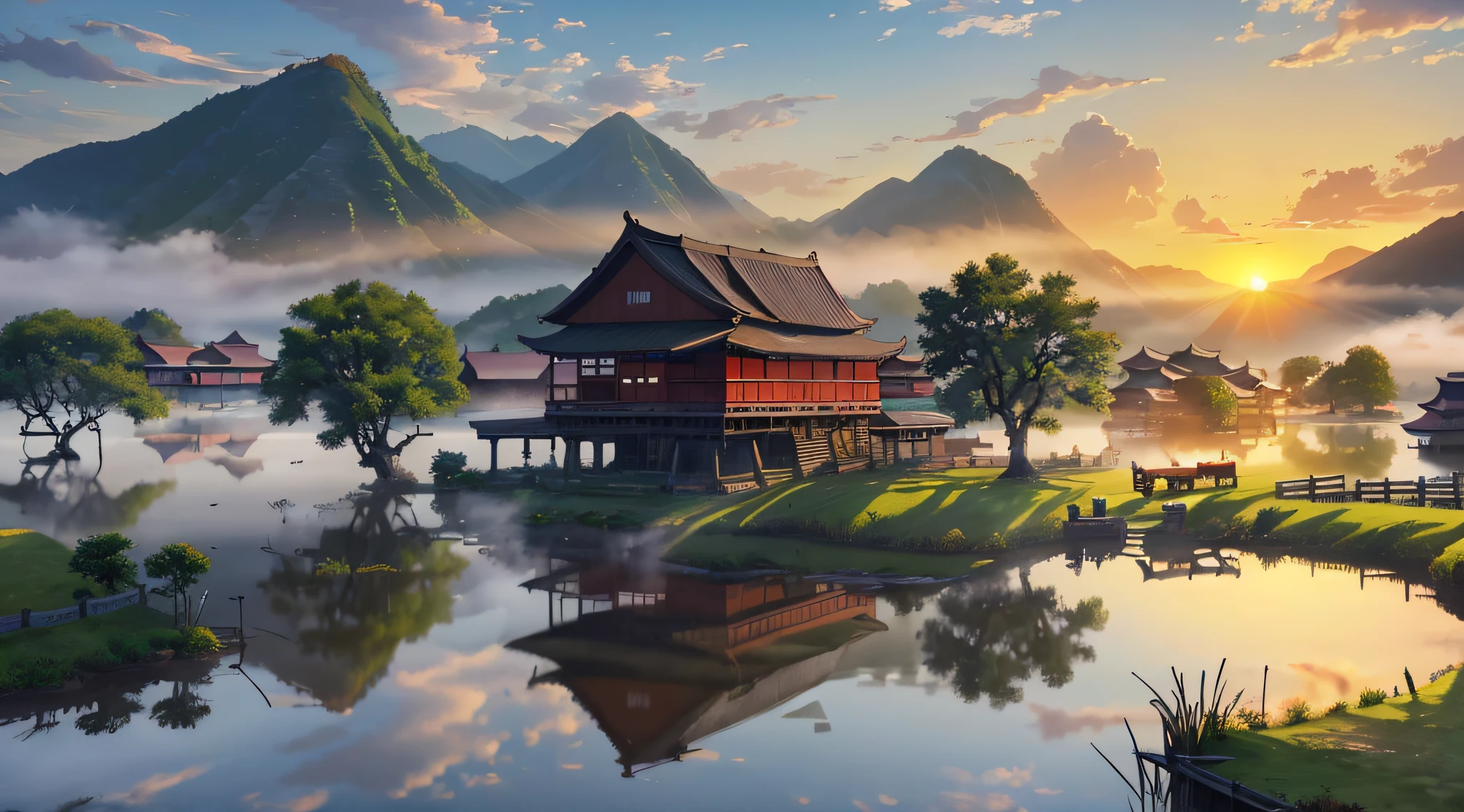 8K,k hd,CG,Complex textures,Complex scenes,Large depth of field,bird's eyes view,Complex light,The rising sun,Chinese farmhouses,Morning mist,uni,lakes,SUV,tenten,A man is fishing