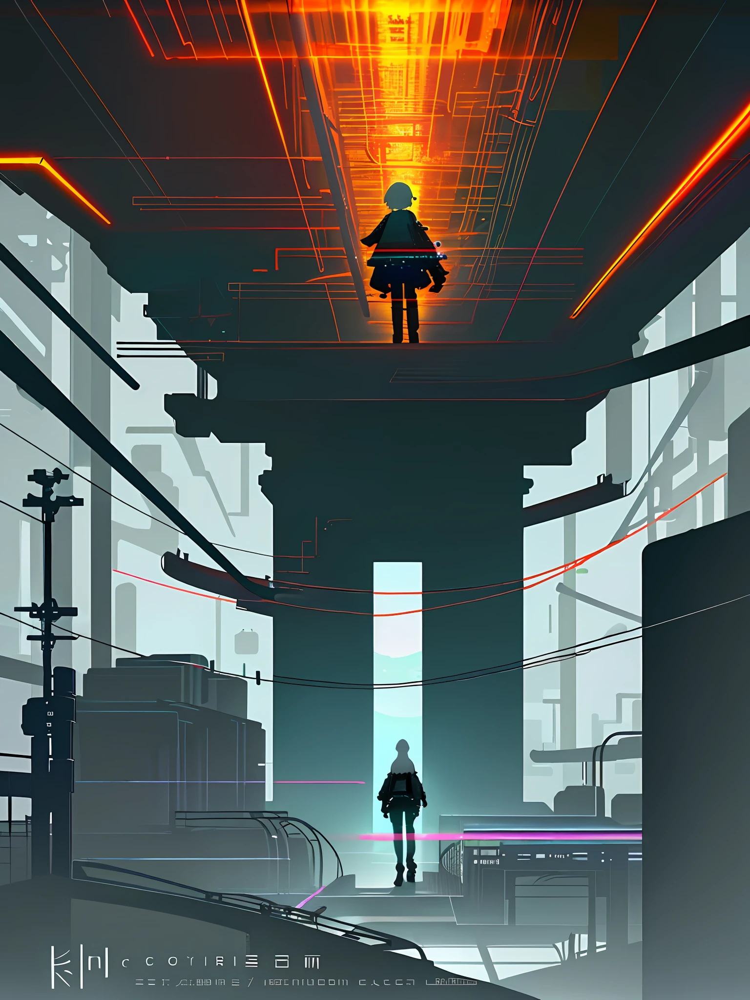 (blame! style abandoned tech landscape), (Zen, Amy Sol style), (underground, dark, foggy, perilous, abandoned computer factory, cybernetic factory, cybernetic hexagonal interface, fractal OS, footbridges, elevated catwalks, cables, conduits, powerlines, energy towers, deep tunnels), cover art with light abstraction, abstract, simple vector art, contemporary Cybernetic art, color gradients, soft color palettes, layered forms, whimsical animation, style Ethereal abstract, 4K, --v6