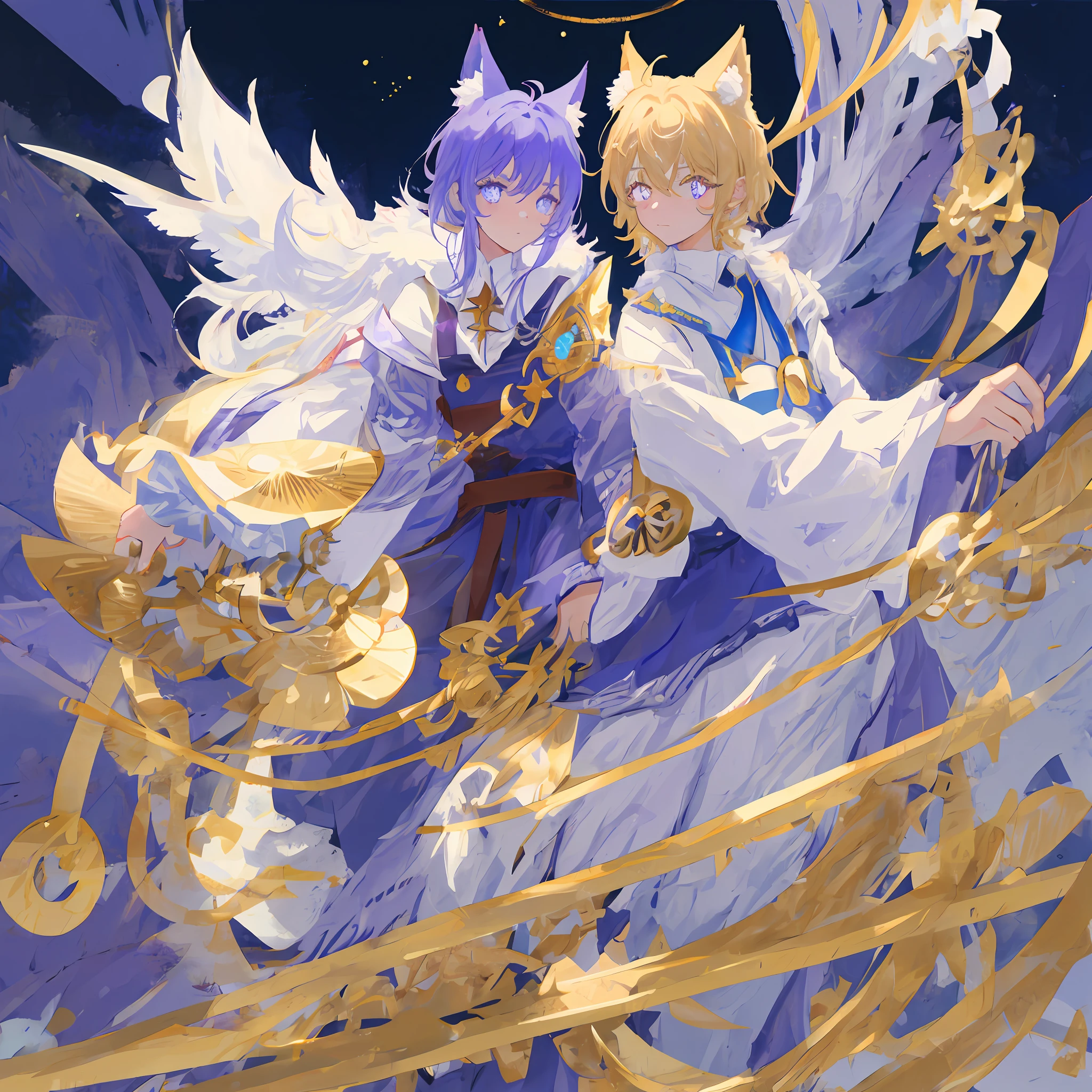 furry,Male Shota,Sky blue and white,Purple pupils,A little gold pattern on the face,Large fluffy ears and tail,starryskybackground,Whole body diagram