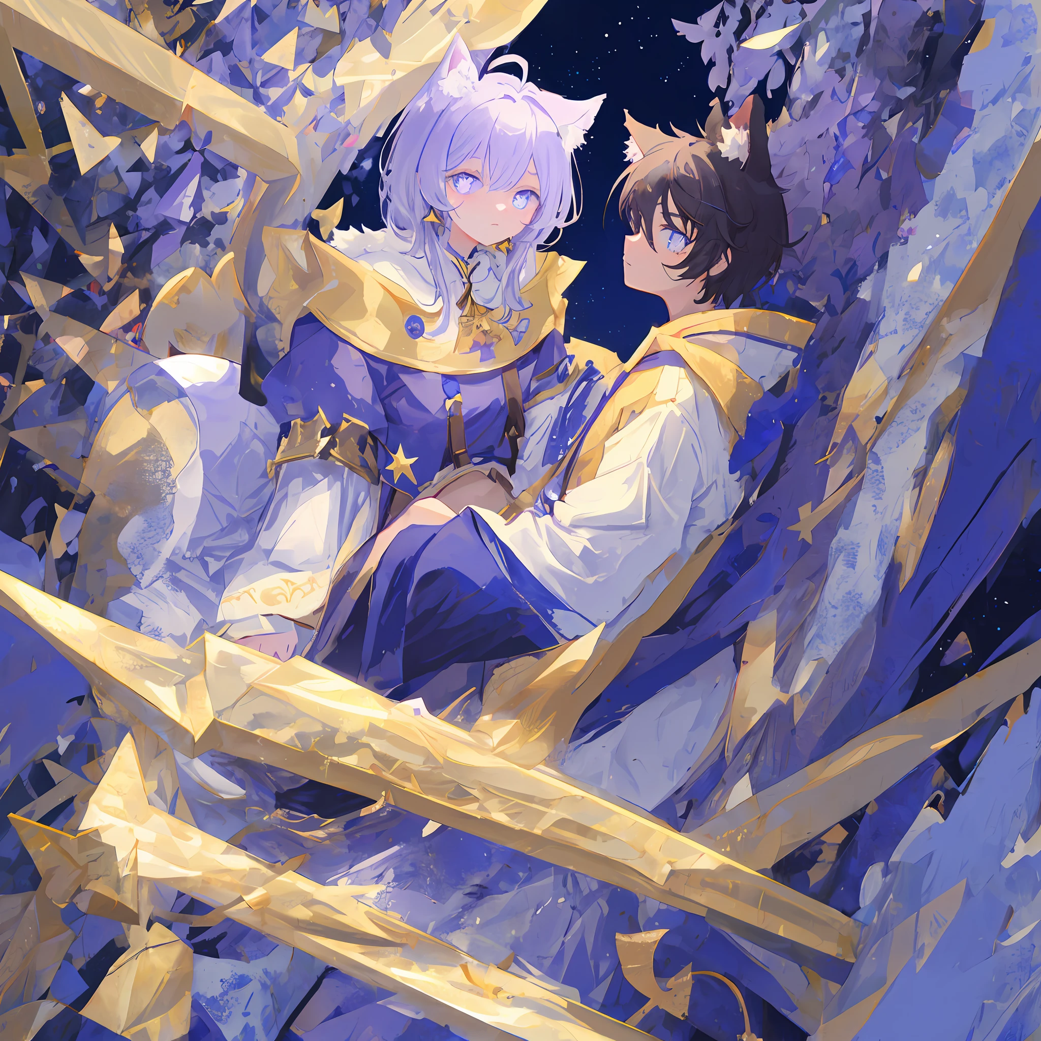 furry,Male Shota，Sky blue and white，Purple pupils，A little gold pattern on the face，Large fluffy ears and tail，starryskybackground，Whole body diagram