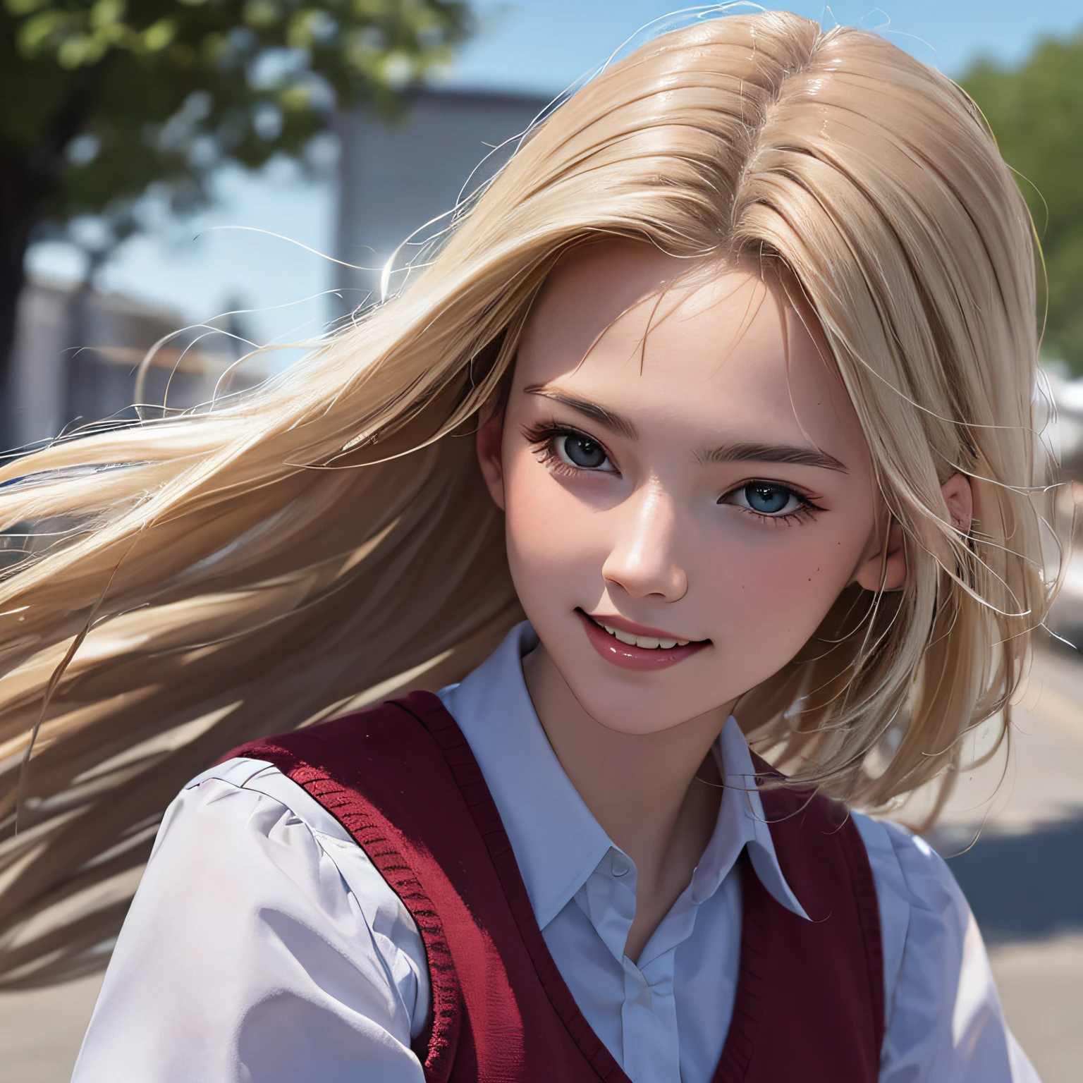 (8K, RAW Photos, of the highest quality, Masterpieces: 1.2), (Realistic, Photorealistic: 1.37), Highest Quality, Ultra High Resolution, light leaks, Dynamic lighting, Slim and smooth skin, (Full body:1.3), (Soft Saturation: 1.6), (Fair skin: 1.2), (Glossy skin: 1.1), Oiled skin, 22 years old, Night, shiny white blonde, Well-formed, Hair fluttering in the wind, Close-up shot of face only, Physically Based Rendering, From multiple angles, A big smile, School uniform, Beige vest, thunderstorm, The Flash, Put the bottom out a little