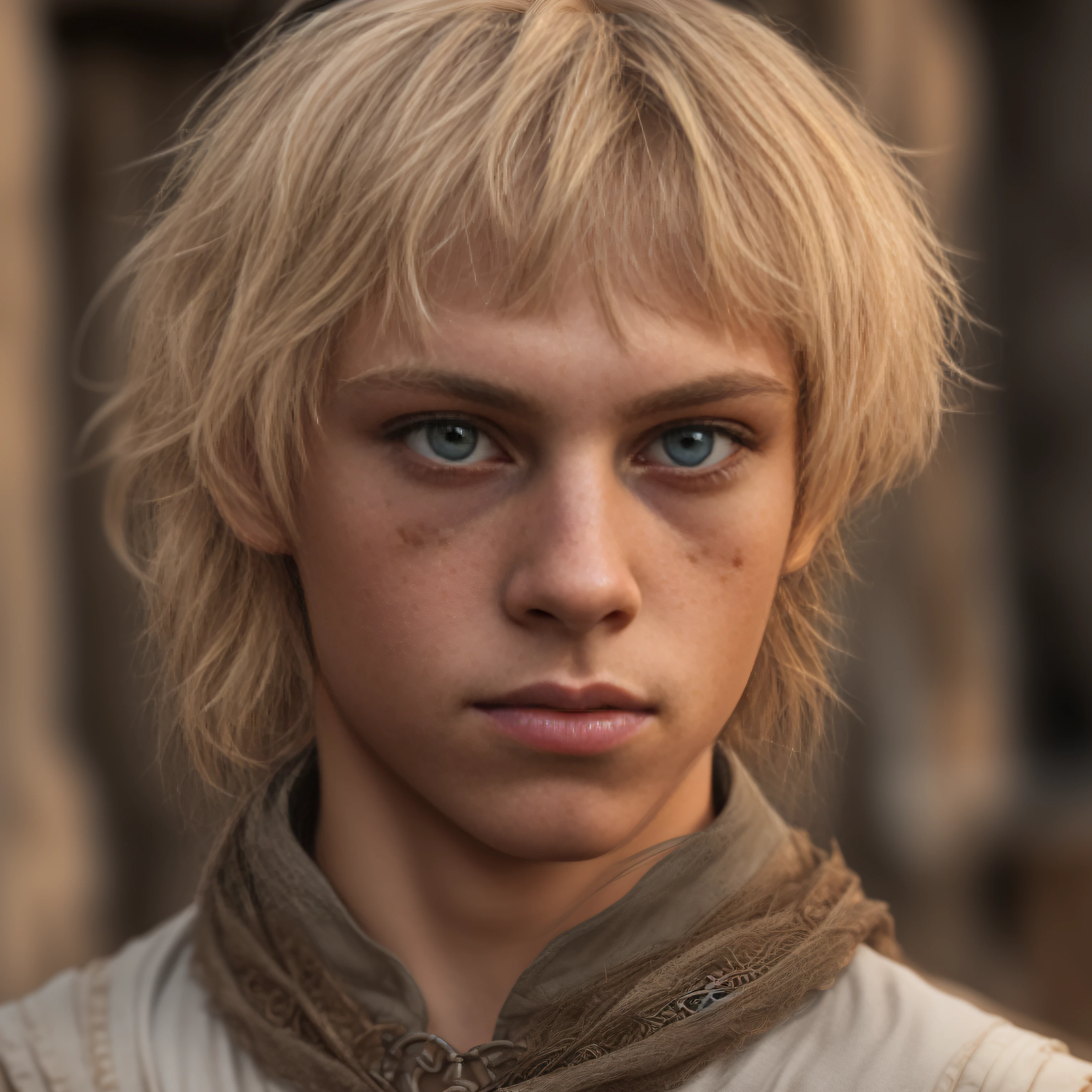 cinematic, photo, head and shoulder portrait photo, 1boyman, solo,  medieval fantasy boy acrobat, ashen blonde hair, eye-length, medieval fantasy acrobat nice clothes, weird, odd, soft features, slightly crazy, troublemaker, intelligent look, crazy smile, one rotten front tooth, in a big medieval city, Canon EOS 5D Mark IV, historical, fantasy, hyper detailed, accurate textures, realistic, skin pores