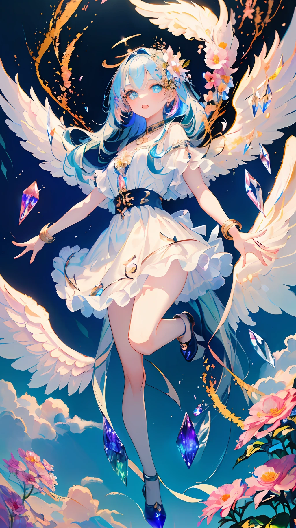 (masterpiece:1.4), (best quality:1.4), (very cute angel girl, ultra-detailed face, jewel-like eye, white very long hair, colorful gradation hair:1.4), (ring of angels:1.4), (angel wings:1.4), (full-body, perfect two arms, perfect two legs:1.4)
BREAK,
(detailed background:1.4), ultra-detailed background, (Light Effects, floating crystal, floating cloud, floating flower:1.4),
BREAK,
(perfect anatomy:1.4), (perfect hand:1.4), (perfect four long fingers and perfect short thumb:1.4), (thumb shorter than other four fingers:1.4),