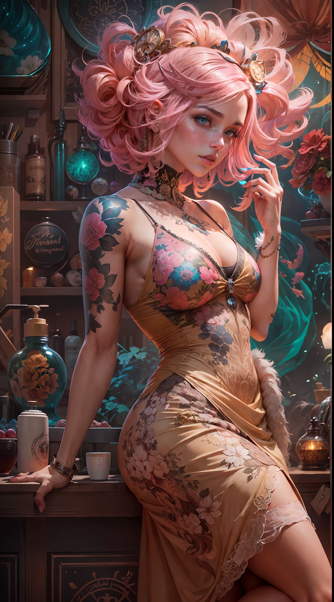 tattooed Teddi Mansueto, full body length standing of a photorealistic beautiful woman, proportionate, intense coloration fantasy, light hair, a stunning realistic photograph 20 years , bubblegum pink colored hair, large natural tits, upper class fashion, random color eyes, full body, cover, dress design has fractal and tiling features, hyperdetailed painting, luminism, octane render, Bar lighting,  complex, {{Martin Ansin}}, 8k resolution concept art portrait by Martina Fačková and Prywinko Art, Artgerm, WLOP, Alphonse Mucha, little fusion pojatti realistic steampunk, fractal isometrics details bioluminescence :  hypereallistic cover photo awesome full color, hand drawn, dark, gritty, realistic, 12k, intricate. hit definition , cinematic, Rough sketch, mix of bold dark lines and loose lines, bold lines, on paper , real life human, bold colors on dresses,