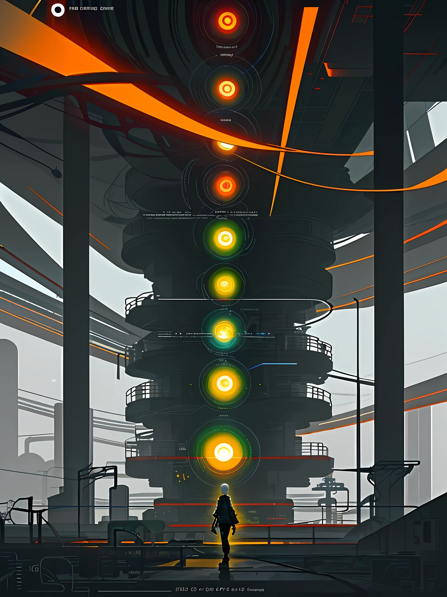 (blame! style abandoned tech landscape), (Zen, Amy Sol style), (underground, dark, foggy, perilous, abandoned computer factory, cybernetic factory, cybernetic hexagonal interface, fractal OS, footbridges, elevated catwalks, cables, conduits, powerlines, energy towers, deep tunnels), cover art with light abstraction, abstract, simple vector art, contemporary Cybernetic art, color gradients, soft color palettes, layered forms, whimsical animation, style Ethereal abstract, 4K, --v6
